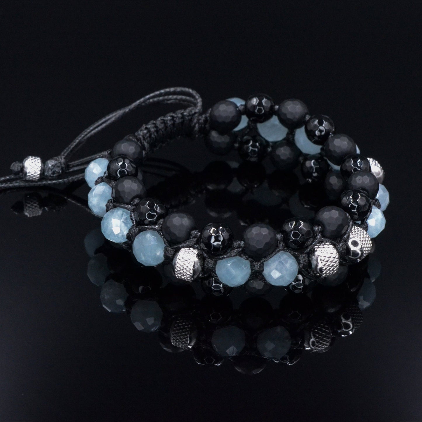 Men's Aquamarine Triple Bracelet - Black Onyx Agate Crystal Bracelet - Gift for Men - Adjustable Macrame Bracelet - Three Row Bracelet - Shamballa Bracelet - Birthstone Bracelet - Gemstone Bracelet Men - Chakra Bracelet - Macrame Bracelet - Healing Bracelet - Valinde