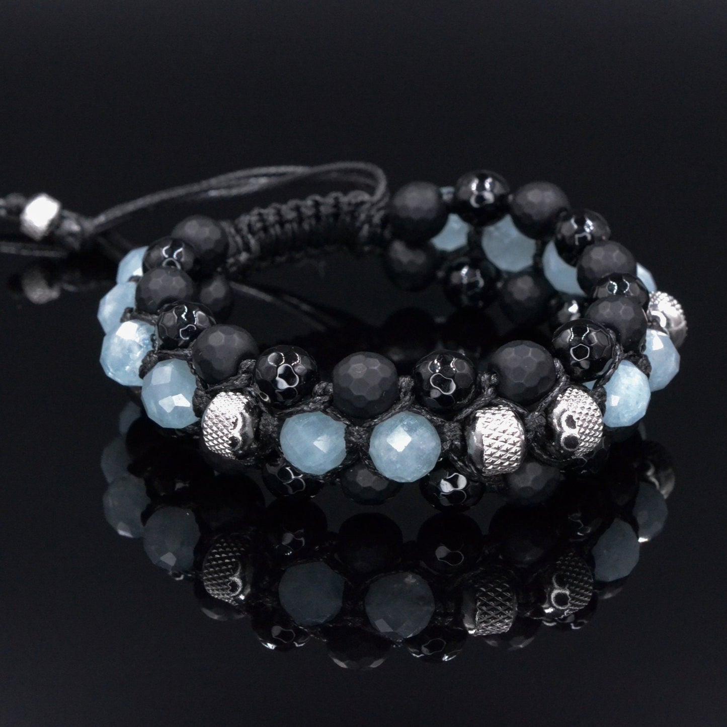 Men's Aquamarine Triple Bracelet - Black Onyx Agate Crystal Bracelet - Gift for Men - Adjustable Macrame Bracelet - Three Row Bracelet - Shamballa Bracelet - Birthstone Bracelet - Gemstone Bracelet Men - Chakra Bracelet - Macrame Bracelet - Healing Bracelet - Valinde