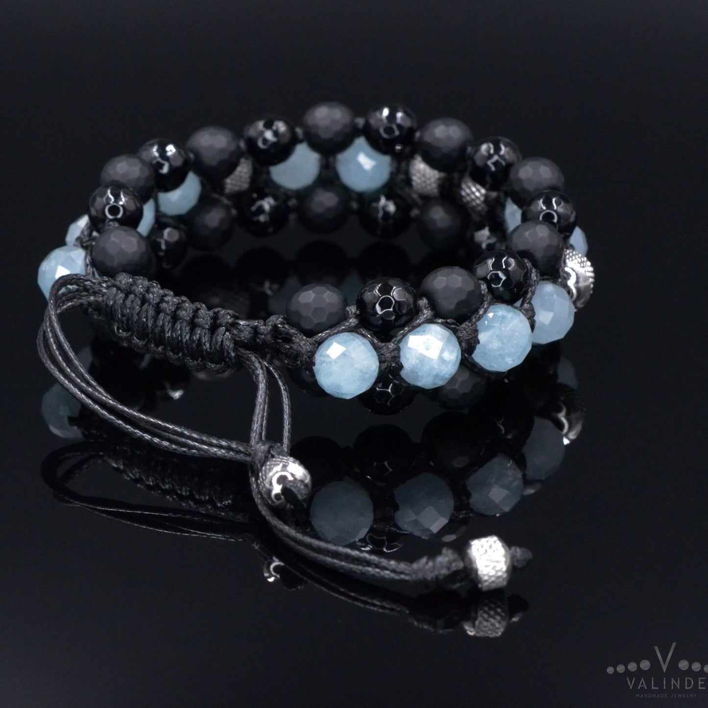 Men's Aquamarine Triple Bracelet - Black Onyx Agate Crystal Bracelet - Gift for Men - Adjustable Macrame Bracelet - Three Row Bracelet - Shamballa Bracelet - Birthstone Bracelet - Gemstone Bracelet Men - Chakra Bracelet - Macrame Bracelet - Healing Bracelet - Valinde