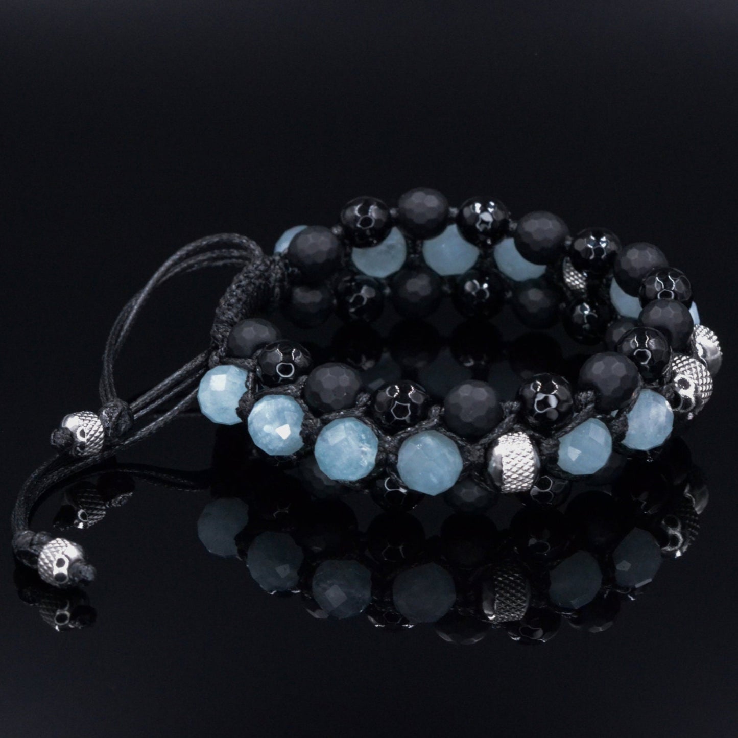 Men's Aquamarine Triple Bracelet - Black Onyx Agate Crystal Bracelet - Gift for Men - Adjustable Macrame Bracelet - Three Row Bracelet - Shamballa Bracelet - Birthstone Bracelet - Gemstone Bracelet Men - Chakra Bracelet - Macrame Bracelet - Healing Bracelet - Valinde