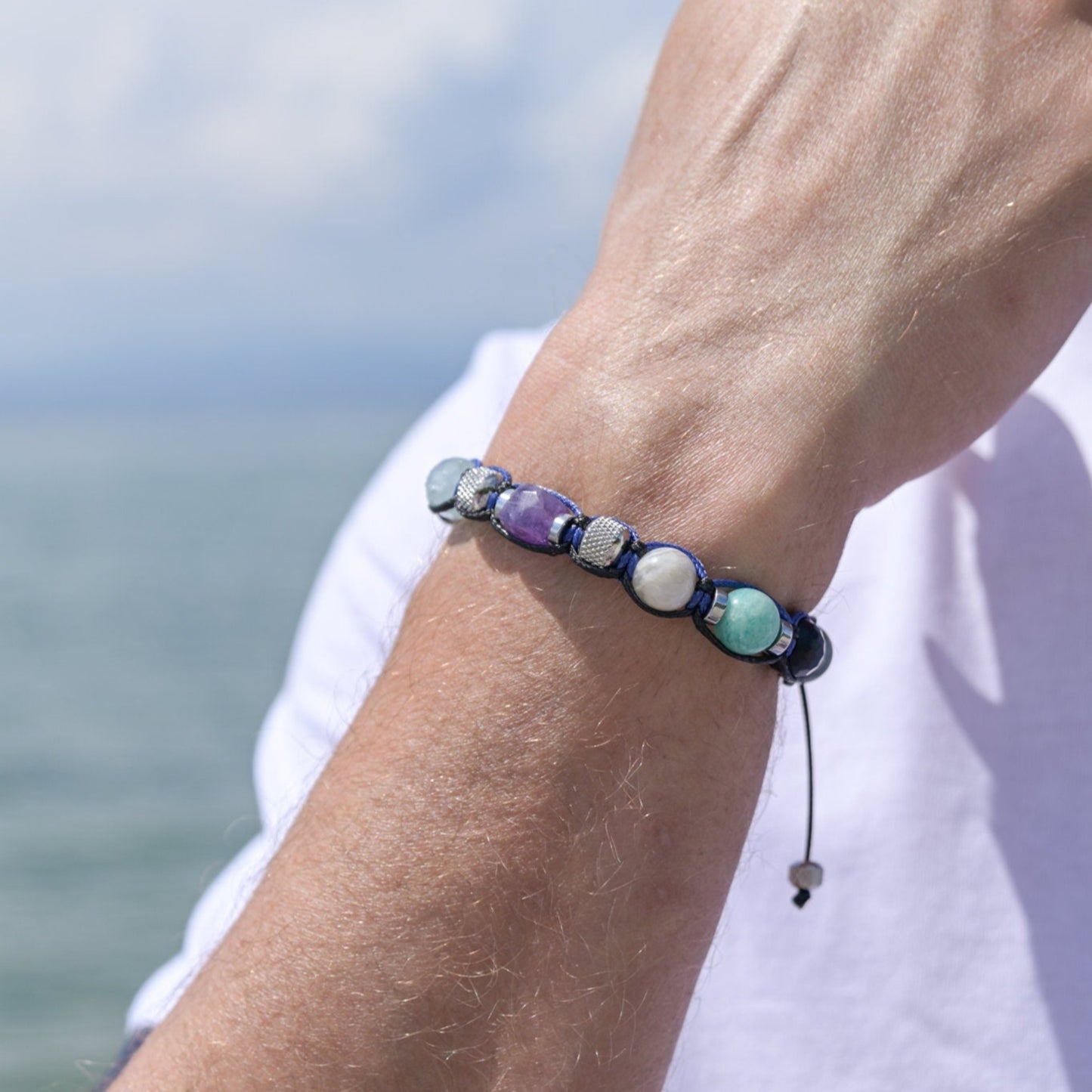 Amethyst Aquamarine Amazonite Adjustable Bracelet, Men's Crystal Bracelet, Steel Beaded Bracelet, Summer Bracelet Men, Onyx Bracelet - - Shamballa Bracelet - Birthstone Bracelet - Gemstone Bracelet Men - Chakra Bracelet