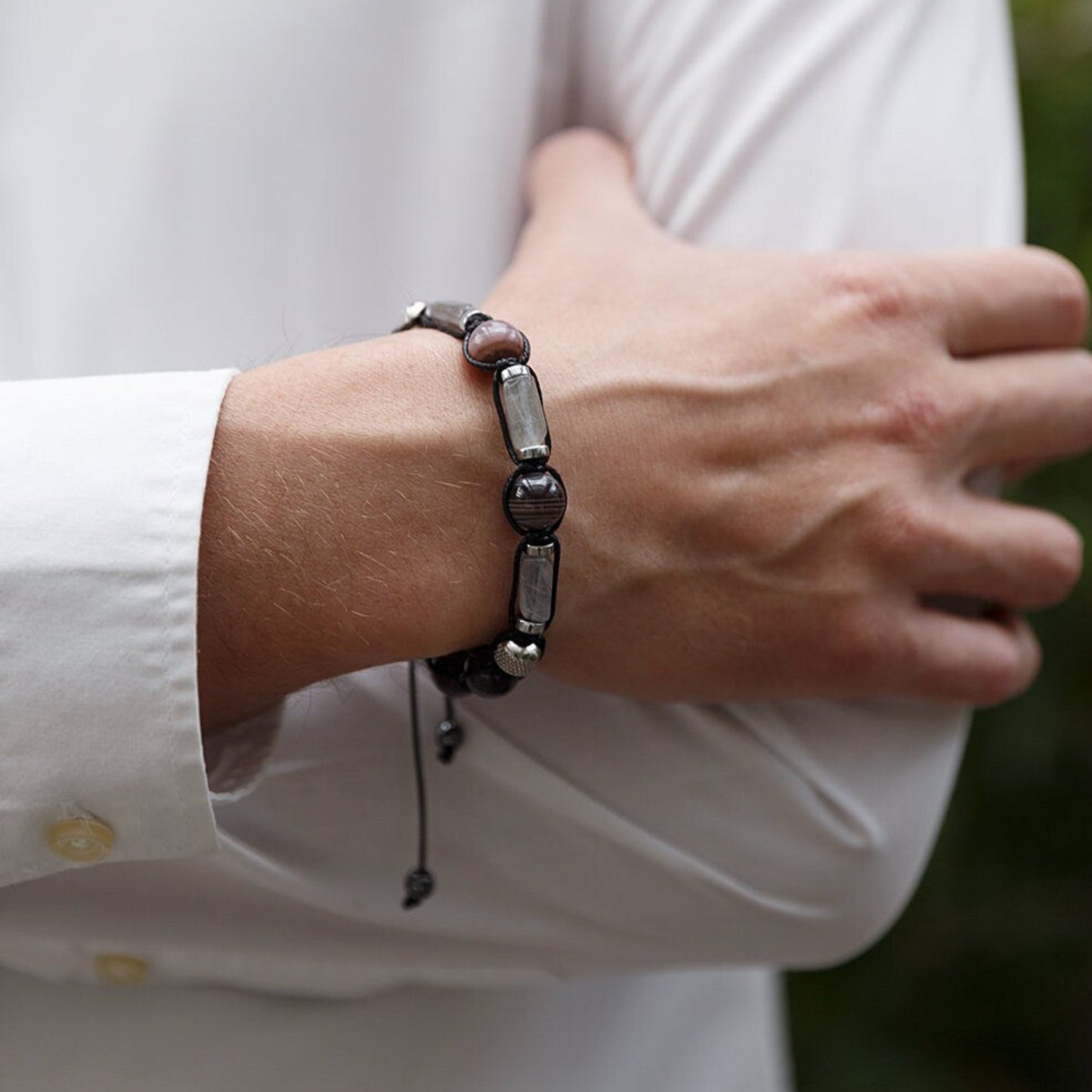 Botswana Agate Bracelet - Men's Labradorite Steel Beads Bracelet - Adjustable Crystal Bracelet - Gift for Men - Braided Bracelet for Men- Shamballa Bracelet - Mantra Bracelet - Yoga Bracelet - Birthstone Bracelet - Gemstone Bracelet Men - Chakra Bracelet - Macrame Bracelet - Healing Bracelet - Gift for Father - Gift For Men - Valinde