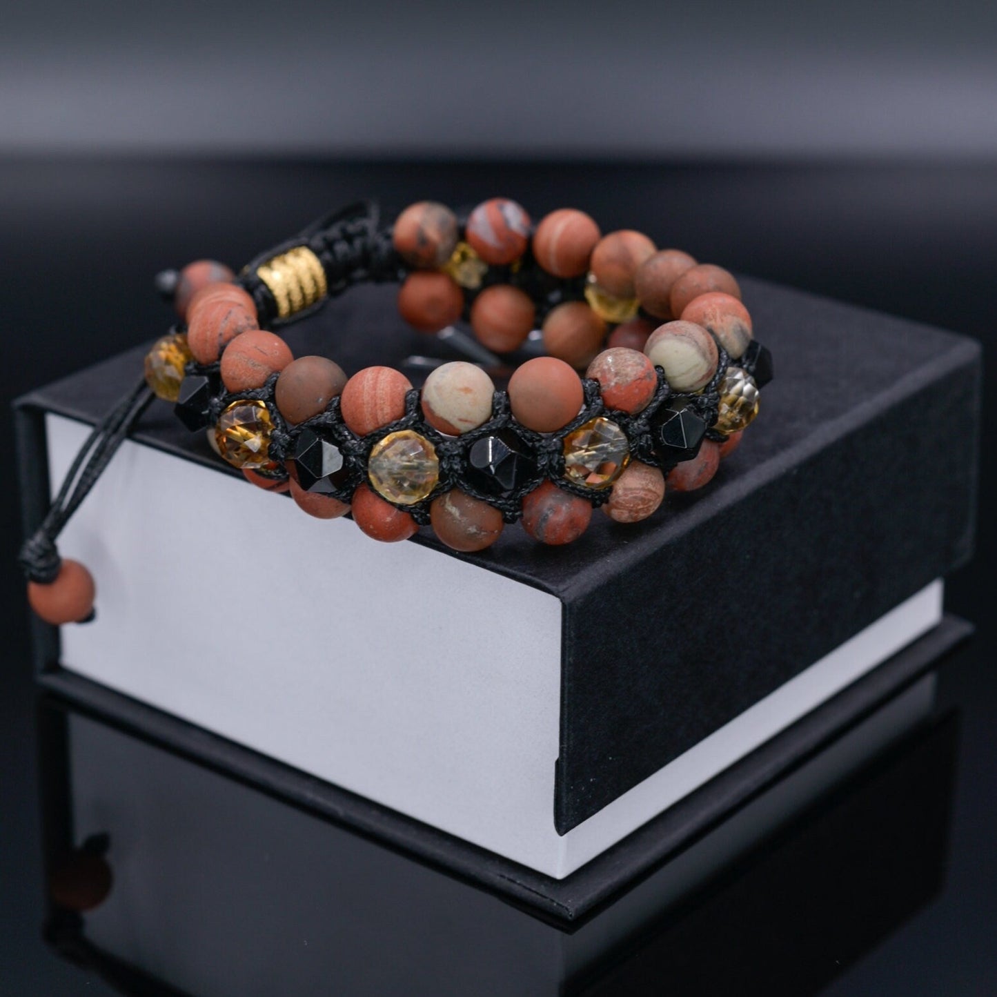 Red Jasper Citrine Agate Bracelet, Men's Triple Row Braided Bracelet, Father's Day Gift, Macrame Adjustable Beaded Bracelet, 3 Row Bracelet - Shamballa Bracelet - Birthstone Bracelet - Gemstone Bracelet Men - Chakra Bracelet - Macrame Bracelet - Healing Bracelet - Valinde