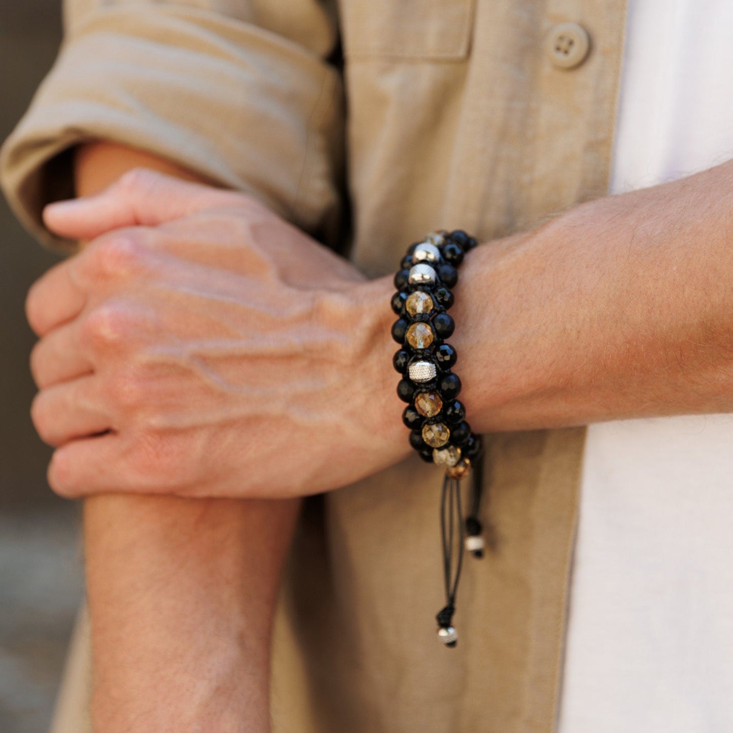 Men's Citrine Bracelet, Black Onyx Agate Adjustable Bracelet, Triple Braided Bracelet, Gift for Men, 3 Row Bracelet, Gemstone Bracelet - Shamballa Bracelet - Birthstone Bracelet - Gemstone Bracelet Men - Chakra Bracelet - Macrame Bracelet - Healing Bracelet - Valinde