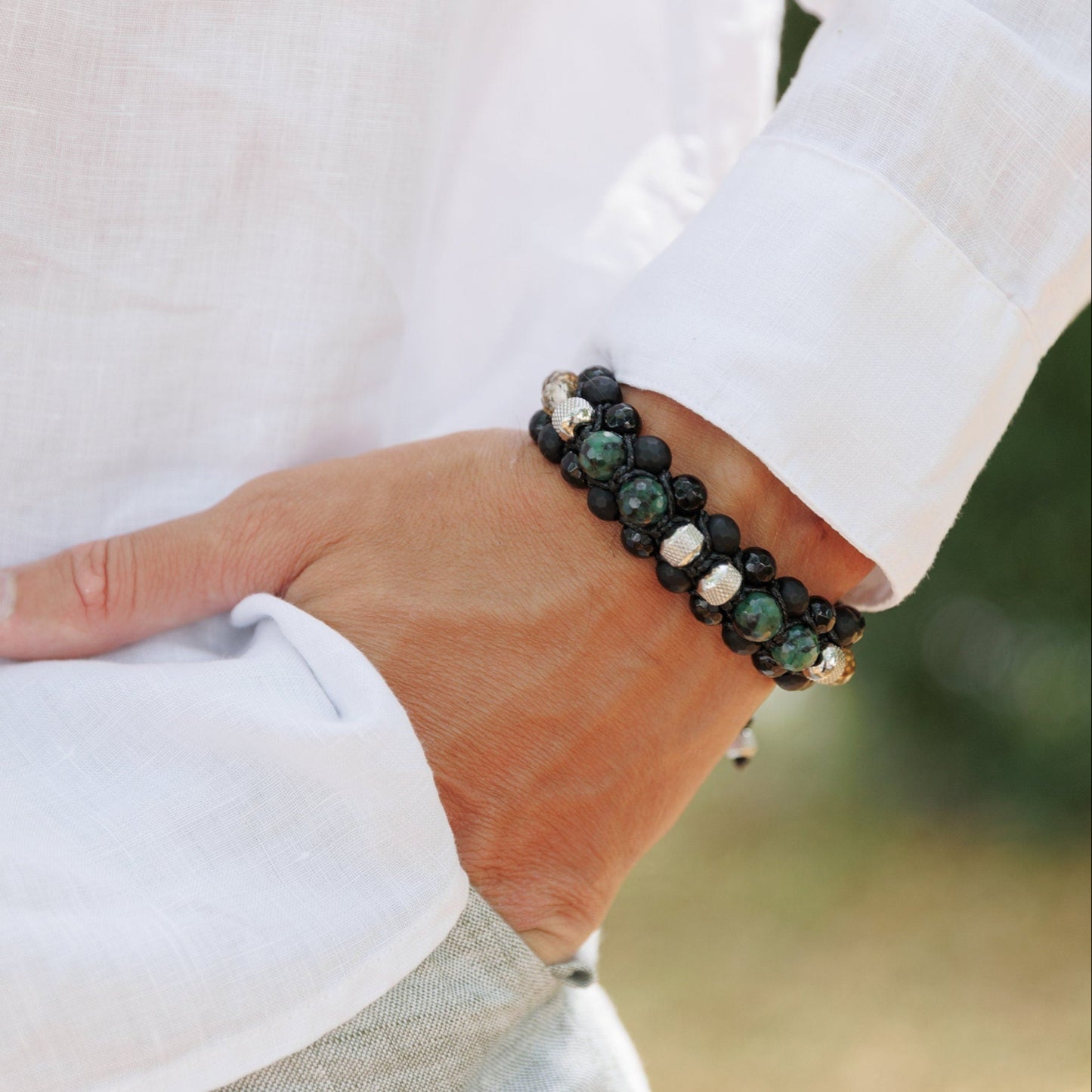 Men's Emerald Bracelet, Emerald Citrine Onyx Braided Bracelet, Adjustable Triple Bracelet, Gift for Men, Macrame Three Row Bracelet for Men - Shamballa Bracelet - Birthstone Bracelet - Gemstone Bracelet Men - Chakra Bracelet - Macrame Bracelet - Healing Bracelet