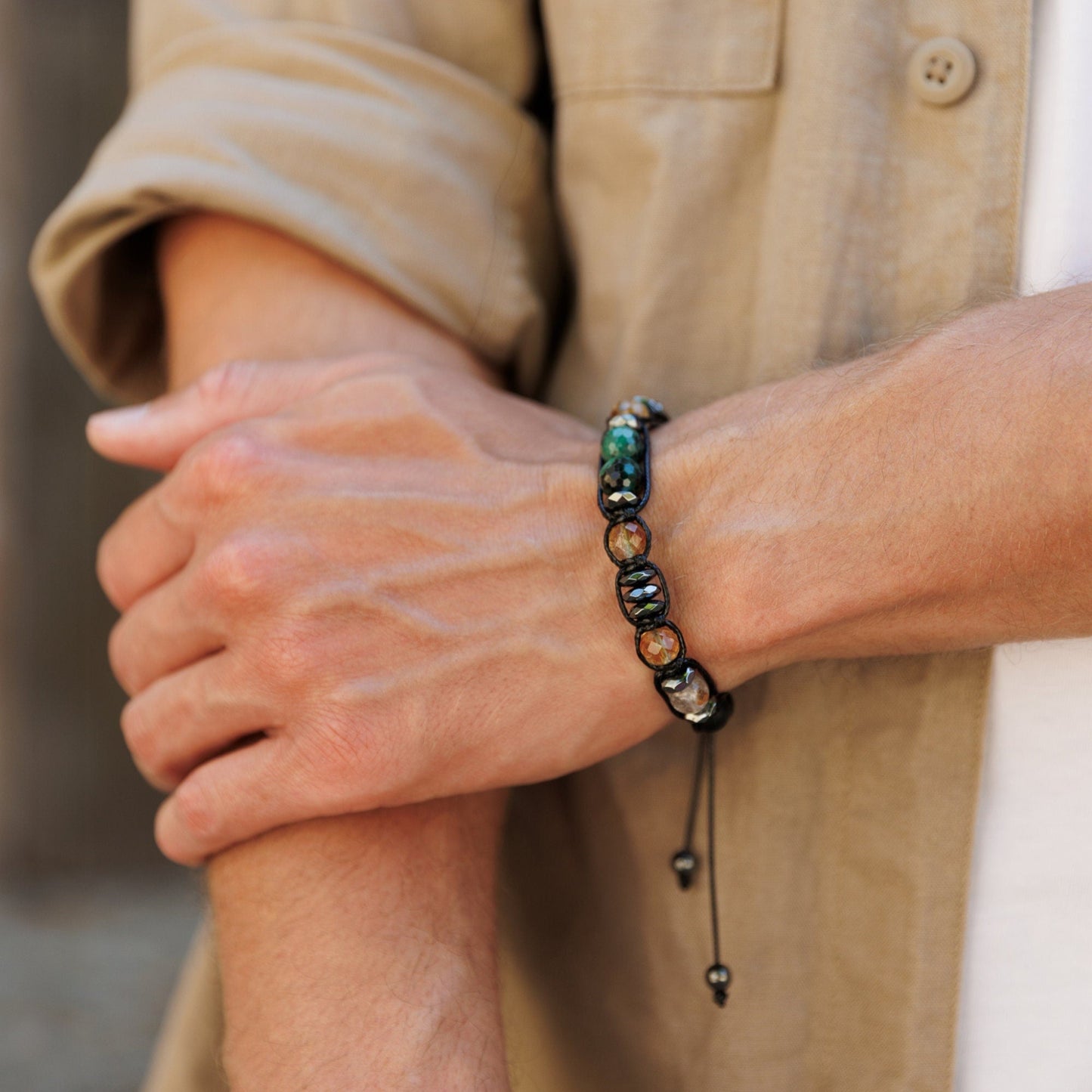 Emerald Citrine Braided Bracelet, Men's Quartz Hematite Onyx Crystal Bracelet, Gift for Men, Adjustable Stone Bracelet, Emerald Jewelry - Shamballa Bracelet - Birthstone Bracelet - Gemstone Bracelet Men - Chakra Bracelet