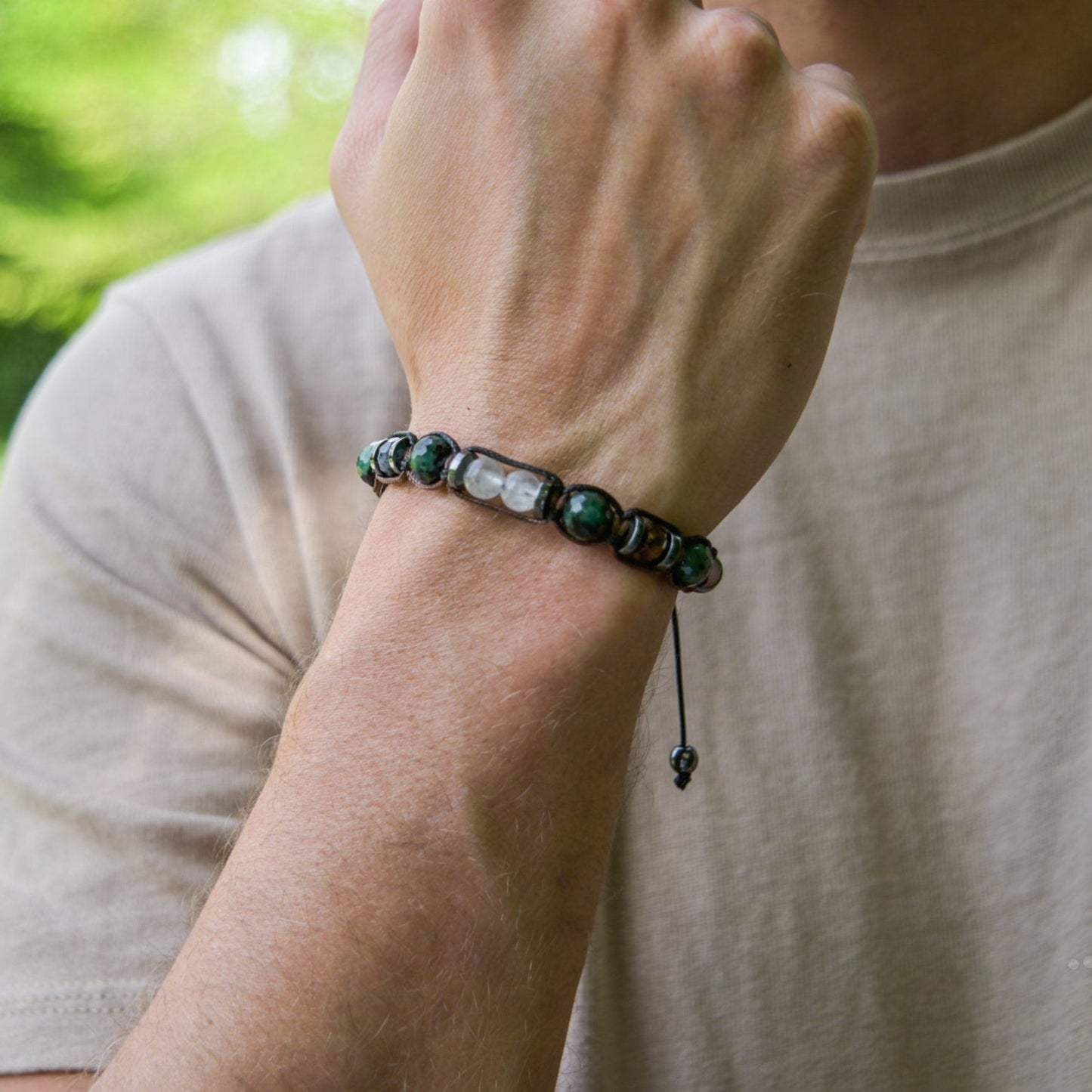 Emerald Moonstone Adjustable Bracelet, Men's Labradorite Crystal Beaded Bracelet, Gift for Men, Jasper Bracelet, Gemstone Braided Bracelet - Shamballa Bracelet - Birthstone Bracelet - Gemstone Bracelet Men - Chakra Bracelet - Macrame Bracelet - Healing Bracelet - Valinde