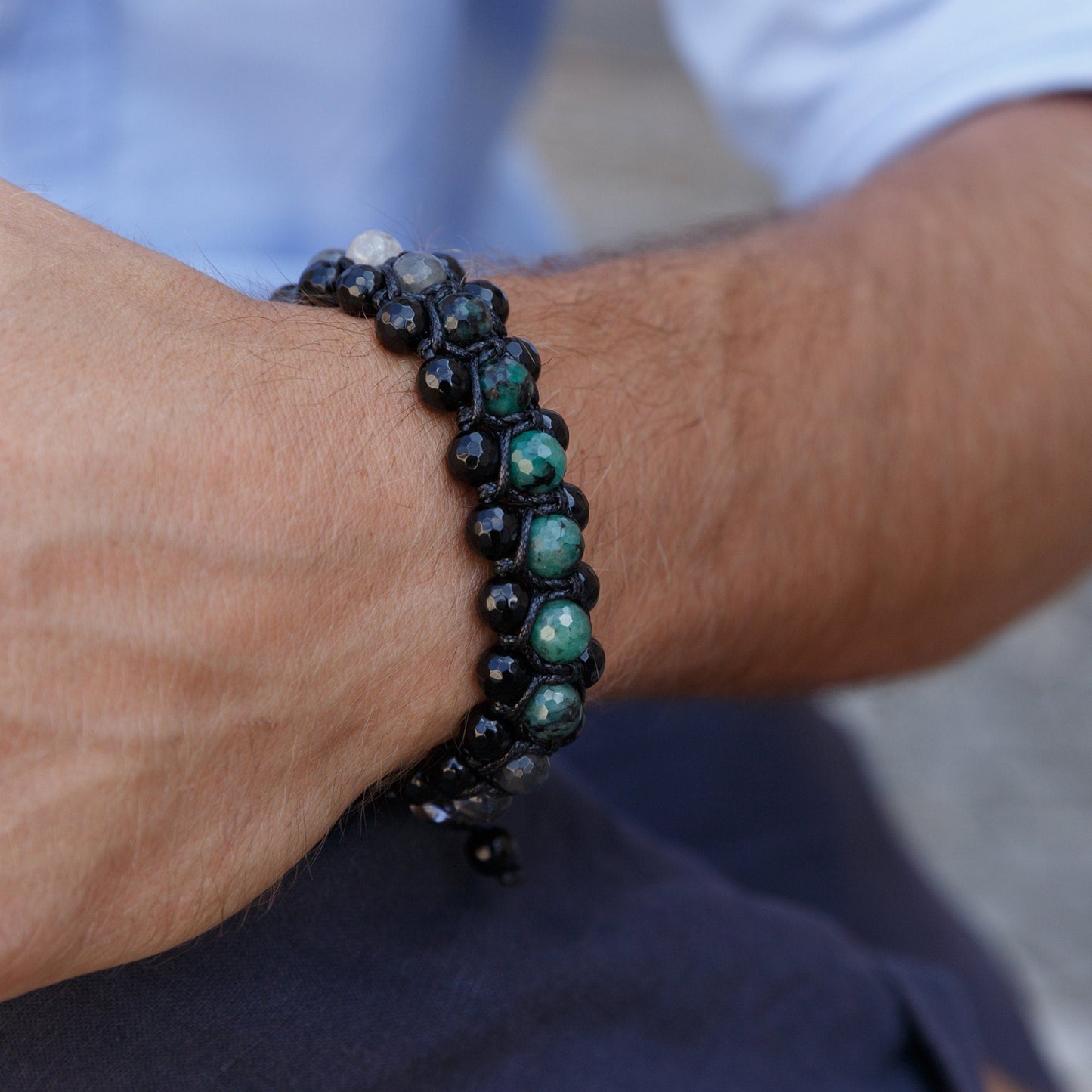 Men's Emerald Triple Bracelet - Three Row Bracelet - Quartz & Agate Bead Bracelet - Gift for Men - Father's Day Gift - Adjustable Bracelet - Shamballa Bracelet - Birthstone Bracelet - Gemstone Bracelet Men - Chakra Bracelet - Macrame Bracelet - Healing Bracelet - Valinde