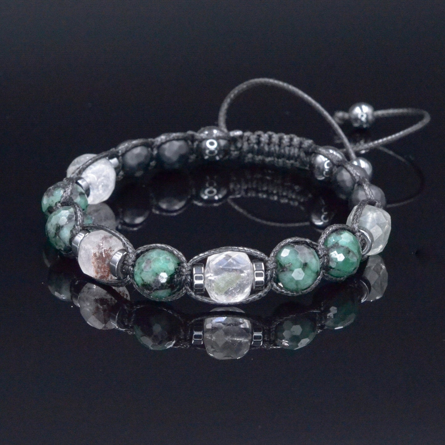 Genuine Emerald Bracelet for Men - Men's Emerald Phantom Quartz Onyx Hematite Beads Bracelet - Gift for Men - Adjustable Braided Bracelet - Shamballa Bracelet - Birthstone Bracelet - Gemstone Bracelet Men - Chakra Bracelet - Macrame Bracelet - Healing Bracelet - Valinde