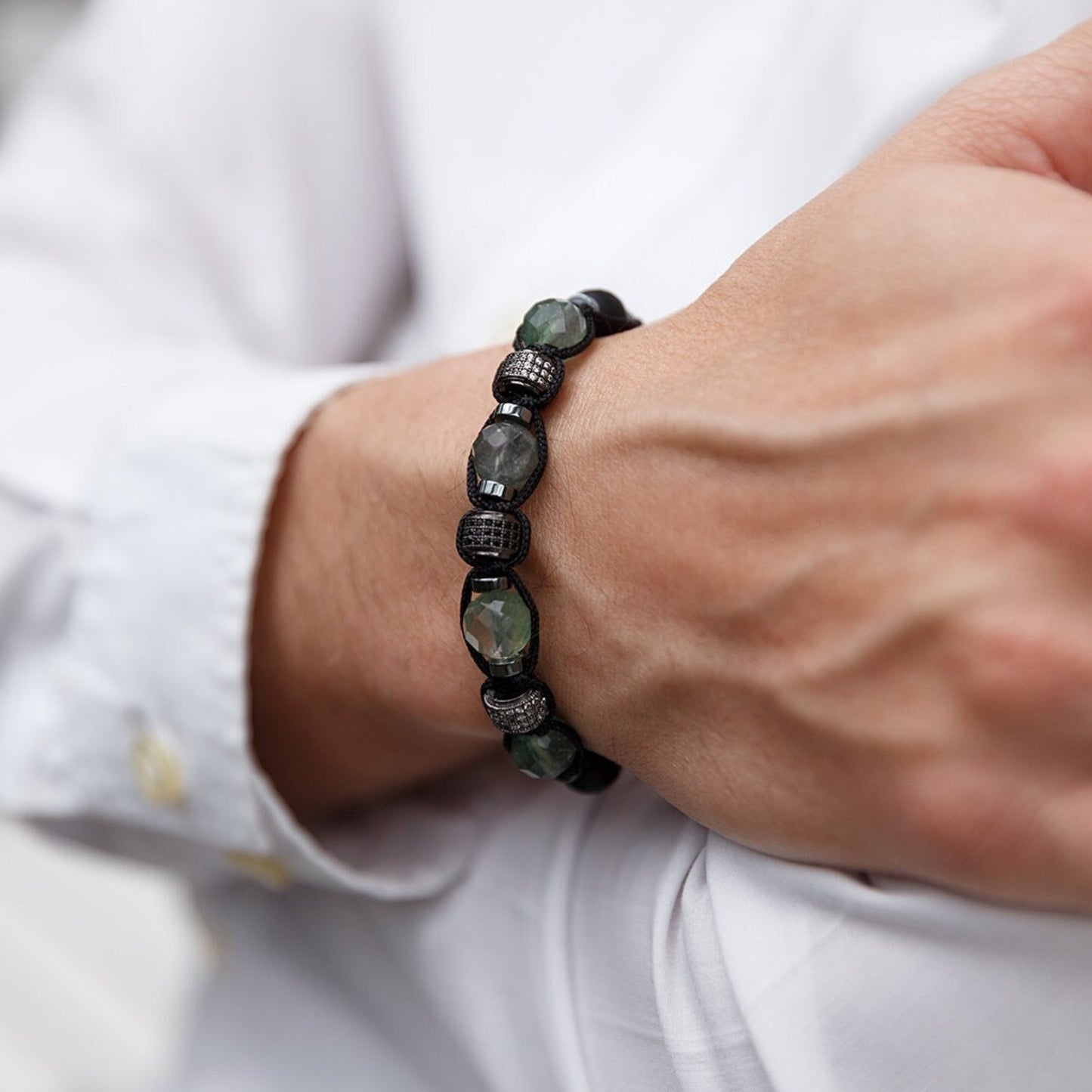 Fluorite Crystal Bracelet for Men - Men's Onyx Hematite Beaded Bracelet - Gift for Men - Adjustable CZ Braided Bracelet - Macrame Bracelet - Shamballa Bracelet - Birthstone Bracelet - Gemstone Bracelet Men - Chakra Bracelet