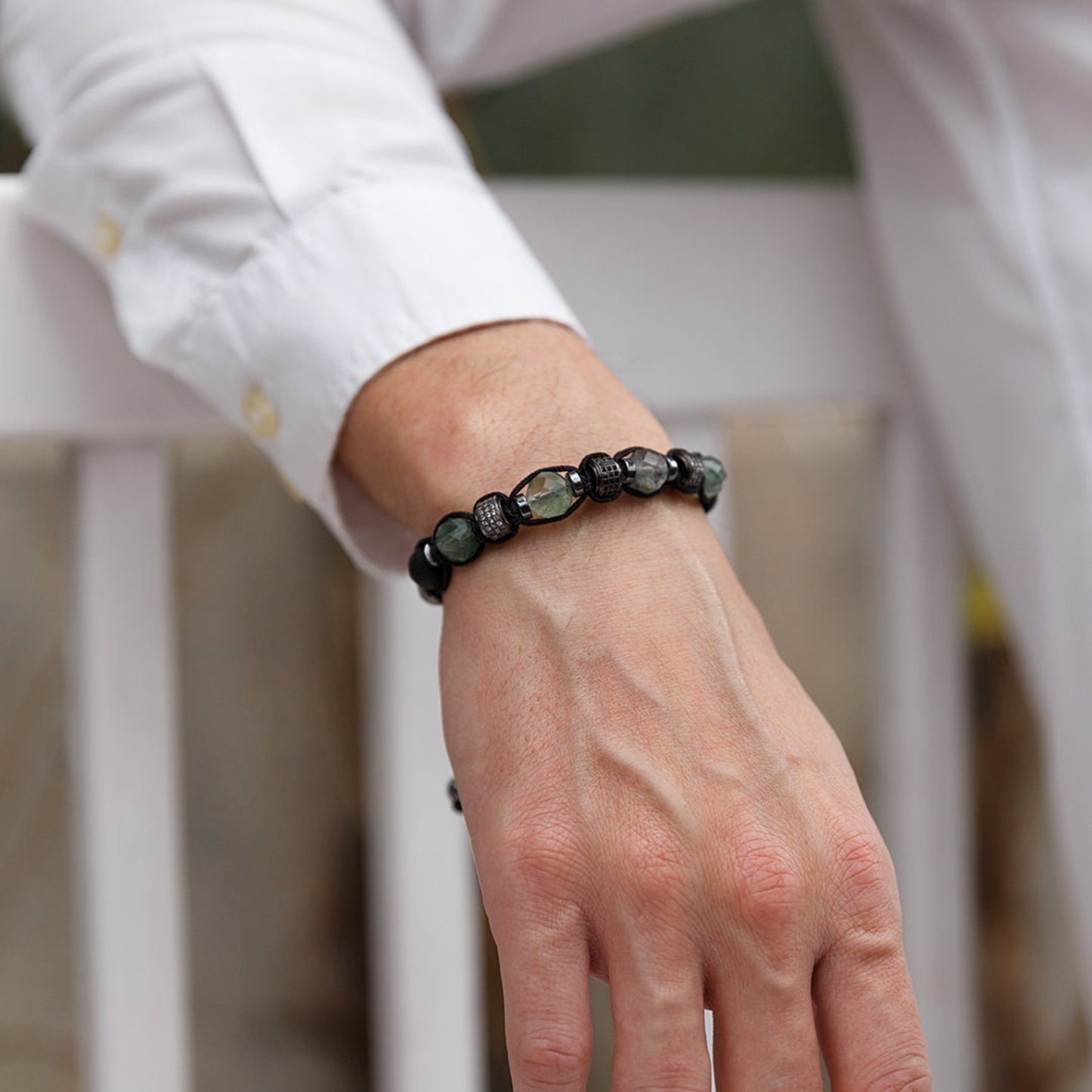 Fluorite Crystal Bracelet for Men - Men's Onyx Hematite Beaded Bracelet - Gift for Men - Adjustable CZ Braided Bracelet - Macrame Bracelet - Shamballa Bracelet - Birthstone Bracelet - Gemstone Bracelet Men - Chakra Bracelet