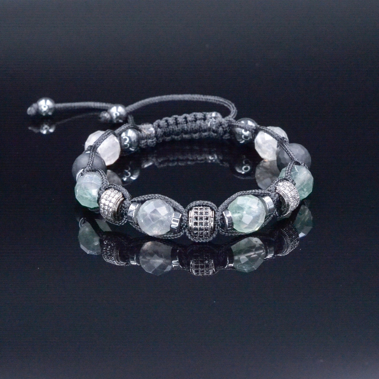 Fluorite Crystal Bracelet for Men - Men's Onyx Hematite Beaded Bracelet - Gift for Men - Adjustable CZ Braided Bracelet - Macrame Bracelet - Shamballa Bracelet - Birthstone Bracelet - Gemstone Bracelet Men - Chakra Bracelet