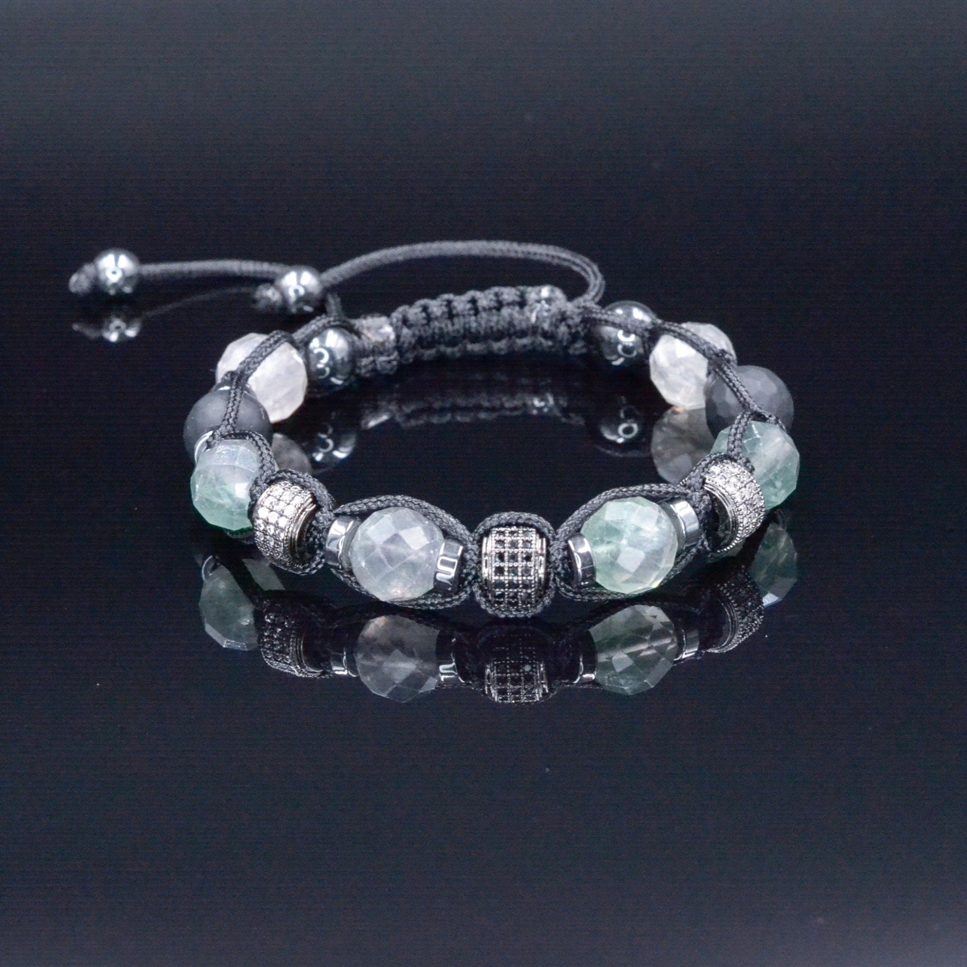 Fluorite Crystal Bracelet for Men - Men's Onyx Hematite Beaded Bracelet - Gift for Men - Adjustable CZ Braided Bracelet - Macrame Bracelet - Shamballa Bracelet - Birthstone Bracelet - Gemstone Bracelet Men - Chakra Bracelet