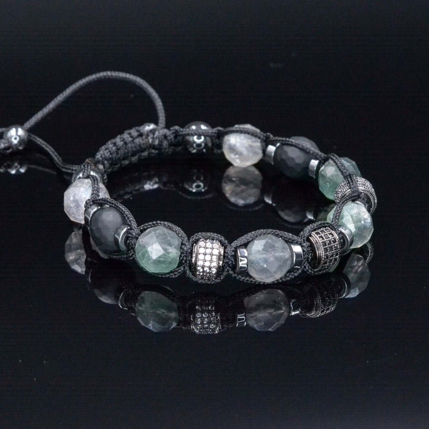 Fluorite Crystal Bracelet for Men - Men's Onyx Hematite Beaded Bracelet - Gift for Men - Adjustable CZ Braided Bracelet - Macrame Bracelet - Shamballa Bracelet - Birthstone Bracelet - Gemstone Bracelet Men - Chakra Bracelet