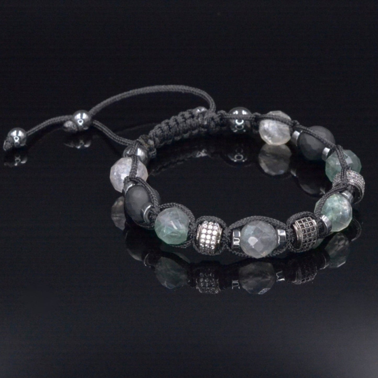 Fluorite Crystal Bracelet for Men - Men's Onyx Hematite Beaded Bracelet - Gift for Men - Adjustable CZ Braided Bracelet - Macrame Bracelet - Shamballa Bracelet - Birthstone Bracelet - Gemstone Bracelet Men - Chakra Bracelet