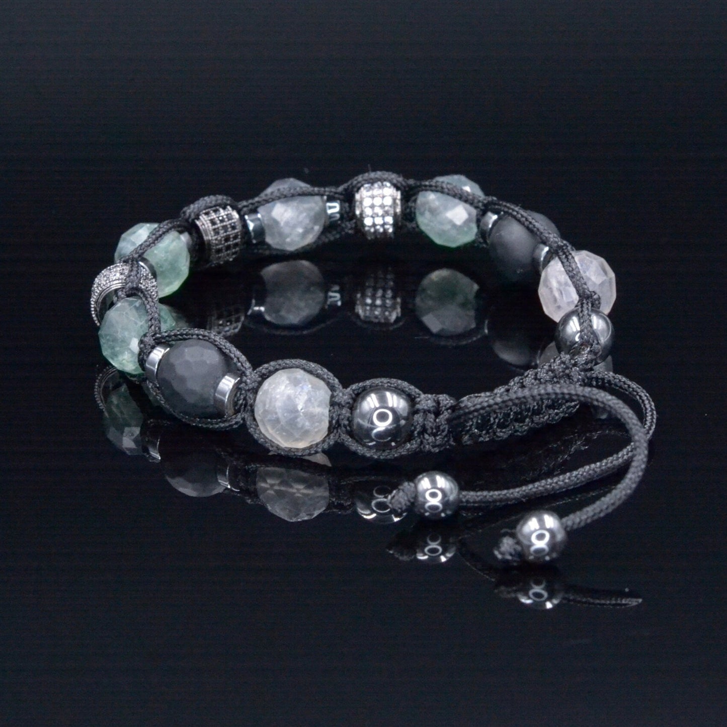 Fluorite Crystal Bracelet for Men - Men's Onyx Hematite Beaded Bracelet - Gift for Men - Adjustable CZ Braided Bracelet - Macrame Bracelet - Shamballa Bracelet - Birthstone Bracelet - Gemstone Bracelet Men - Chakra Bracelet