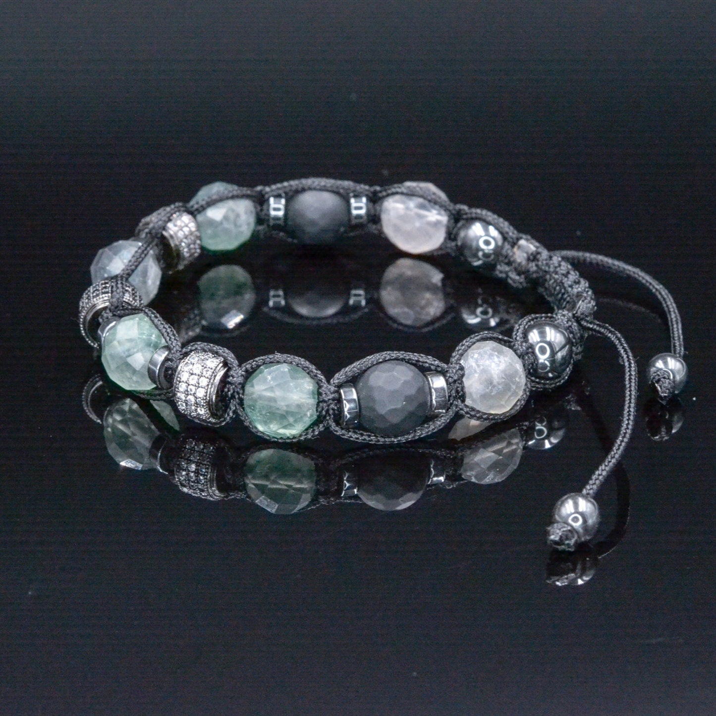 Fluorite Crystal Bracelet for Men - Men's Onyx Hematite Beaded Bracelet - Gift for Men - Adjustable CZ Braided Bracelet - Macrame Bracelet - Shamballa Bracelet - Birthstone Bracelet - Gemstone Bracelet Men - Chakra Bracelet