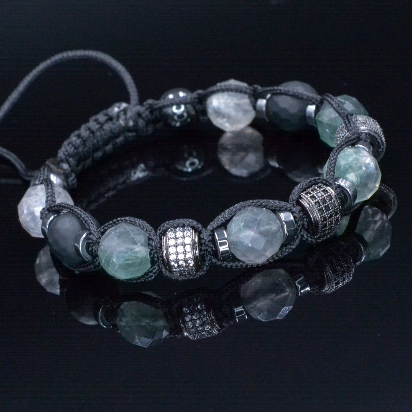 Fluorite Crystal Bracelet for Men - Men's Onyx Hematite Beaded Bracelet - Gift for Men - Adjustable CZ Braided Bracelet - Macrame Bracelet - Shamballa Bracelet - Birthstone Bracelet - Gemstone Bracelet Men - Chakra Bracelet
