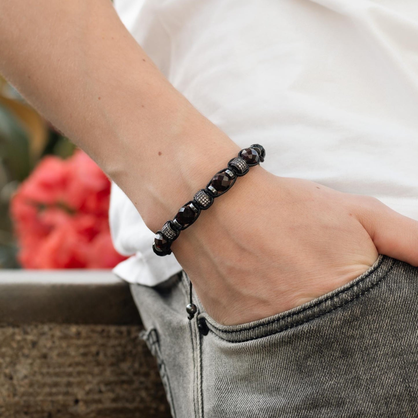 Men's Red Garnet Agate Hematite Gemstone Beaded Bracelet, Adjustable Macrame Bracelet, Gift for Men, Gift for Him, CZ Bracelet - Shamballa Bracelet - Mantra Bracelet - Yoga Bracelet - Birthstone Bracelet - Gemstone Bracelet Men - Chakra Bracelet - Macrame Bracelet - Healing Bracelet - Gift for Father - Gift For Men - Valinde