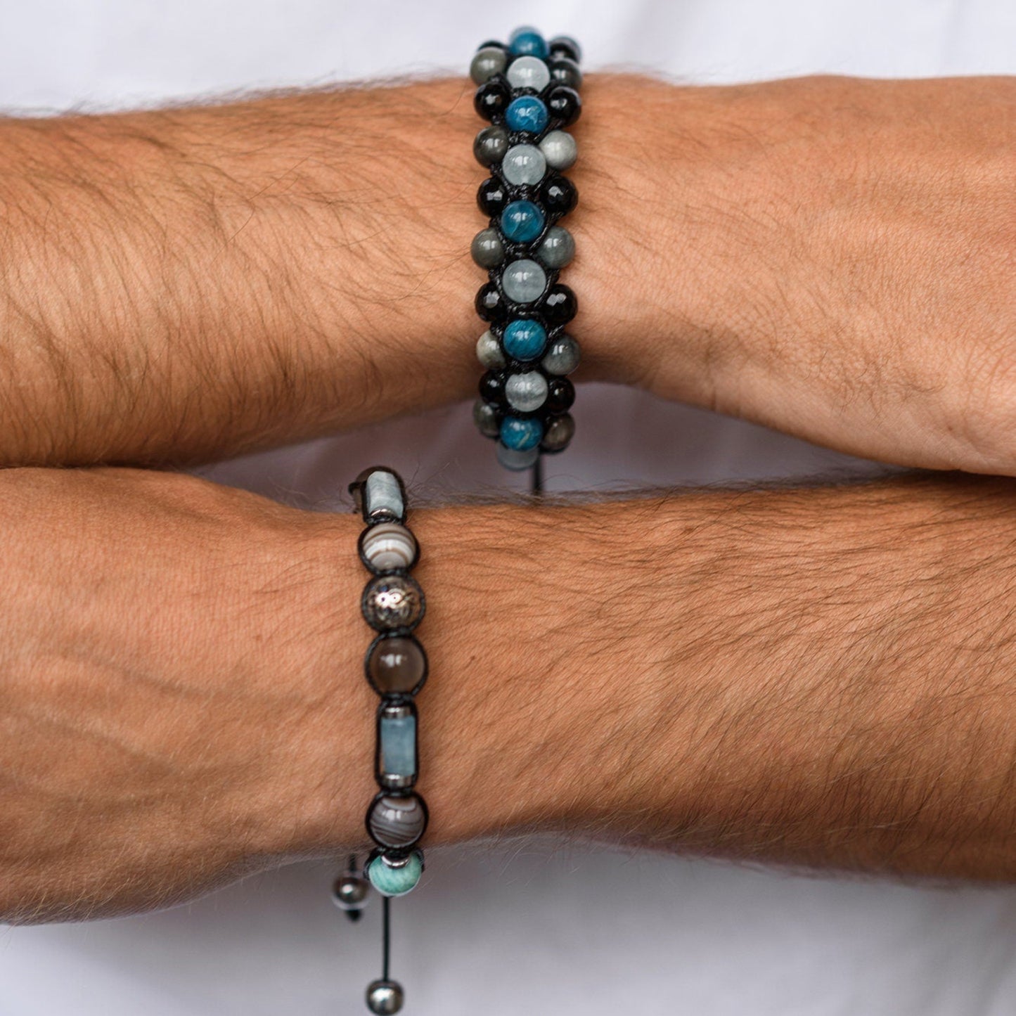 Apatite Triple Bracelet Men's Aquamarine Bracelet Gift for Men Crystal Bracelet Hawk's Eye Bracelet 3 Row Bracelet Adjustable Bracelet- Shamballa Bracelet - Birthstone Bracelet - Gemstone Bracelet Men - Chakra Bracelet - Macrame Bracelet - Healing Bracelet - Valinde