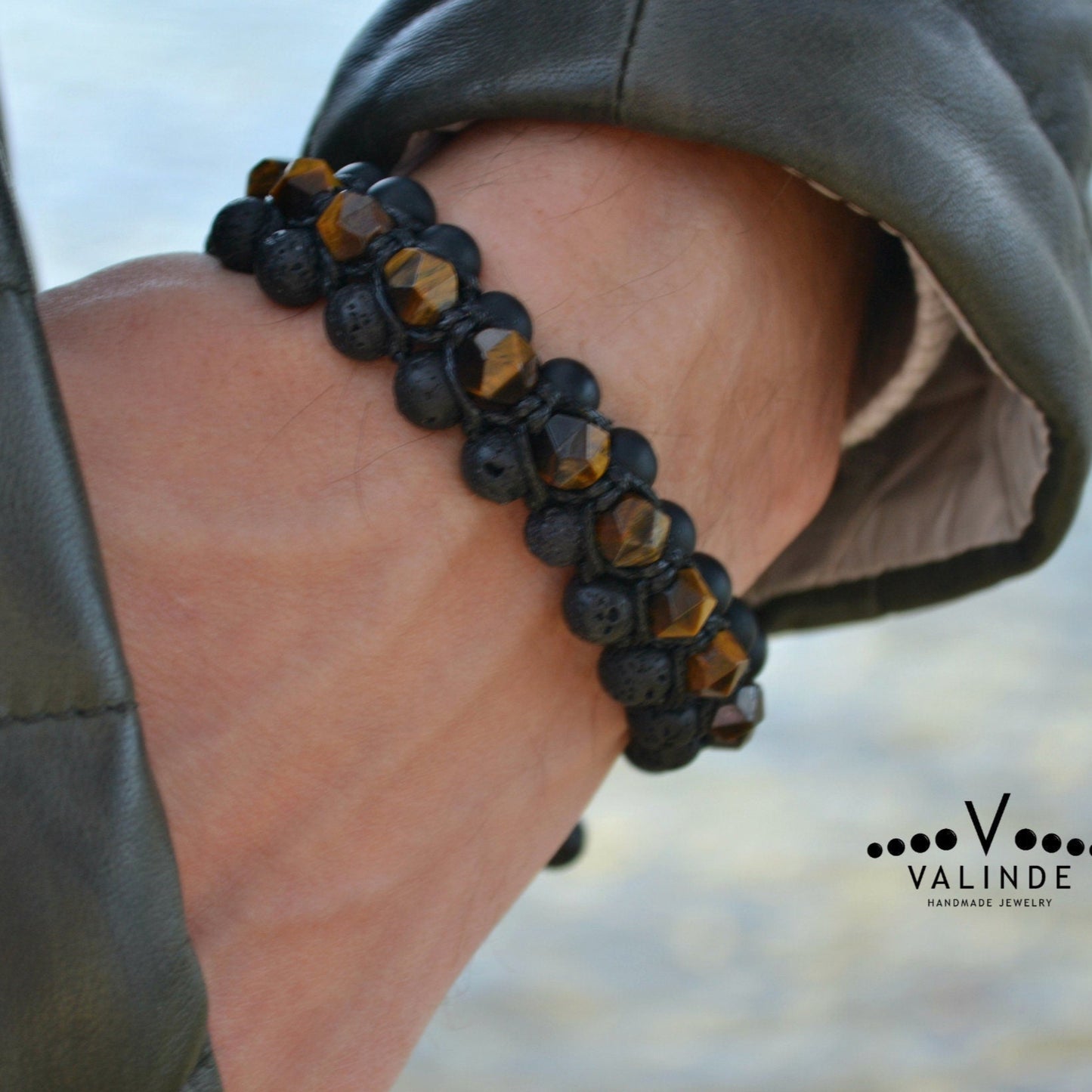 Faceted Tiger's Eye Triple Bracelet Onyx Lava Stone Bracelet 3 Row Raw Beads Bracelet Black Stone Bracelet Macrame Bracelet Gift for Men - Shamballa Bracelet - Birthstone Bracelet - Gemstone Bracelet Men - Chakra Bracelet - Macrame Bracelet - Healing Bracelet - Valinde
