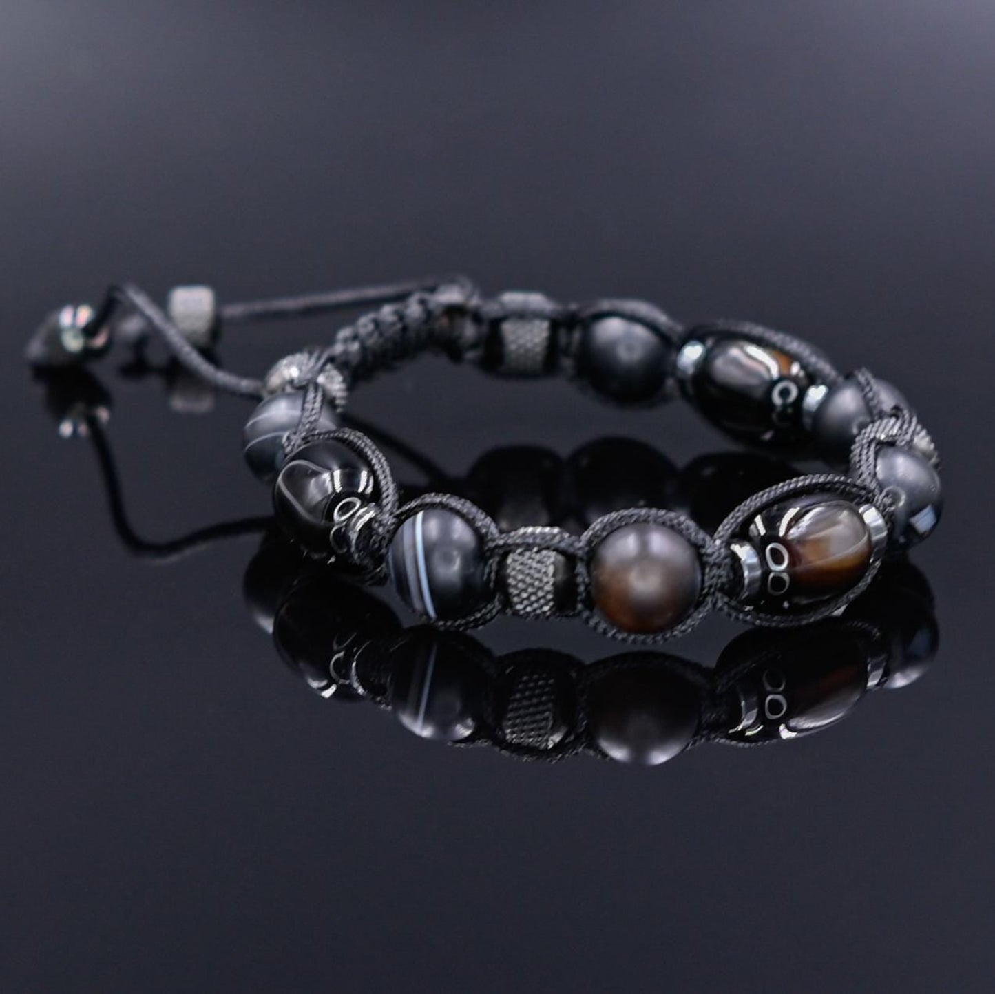 Men's Black Natural Agate Stainless Steel Beaded Gemstone Bracelet, Gift for Men, Braided Adjustable Macrame Bracelet, Gift for Him - Shamballa Bracelet - Mantra Bracelet - Yoga Bracelet - Birthstone Bracelet - Gemstone Bracelet Men - Chakra Bracelet - Macrame Bracelet - Healing Bracelet - Gift for Father - Gift For Men - Valinde