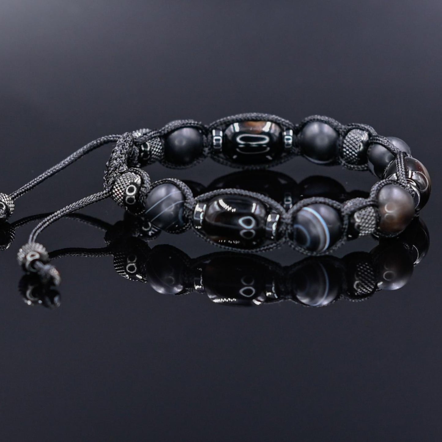 Men's Black Natural Agate Stainless Steel Beaded Gemstone Bracelet, Gift for Men, Braided Adjustable Macrame Bracelet, Gift for Him - Shamballa Bracelet - Mantra Bracelet - Yoga Bracelet - Birthstone Bracelet - Gemstone Bracelet Men - Chakra Bracelet - Macrame Bracelet - Healing Bracelet - Gift for Father - Gift For Men - Valinde