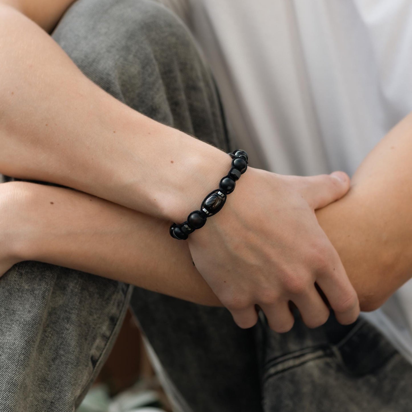 Men's Black Natural Agate Stainless Steel Beaded Gemstone Bracelet, Gift for Men, Braided Adjustable Macrame Bracelet, Gift for Him - Shamballa Bracelet - Mantra Bracelet - Yoga Bracelet - Birthstone Bracelet - Gemstone Bracelet Men - Chakra Bracelet - Macrame Bracelet - Healing Bracelet - Gift for Father - Gift For Men - Valinde
