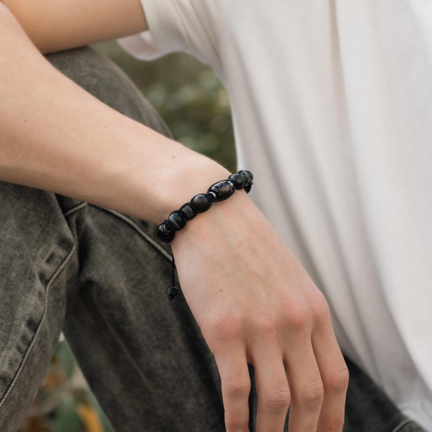 Men's Black Natural Agate Stainless Steel Beaded Gemstone Bracelet, Gift for Men, Braided Adjustable Macrame Bracelet, Gift for Him - Shamballa Bracelet - Mantra Bracelet - Yoga Bracelet - Birthstone Bracelet - Gemstone Bracelet Men - Chakra Bracelet - Macrame Bracelet - Healing Bracelet - Gift for Father - Gift For Men - Valinde