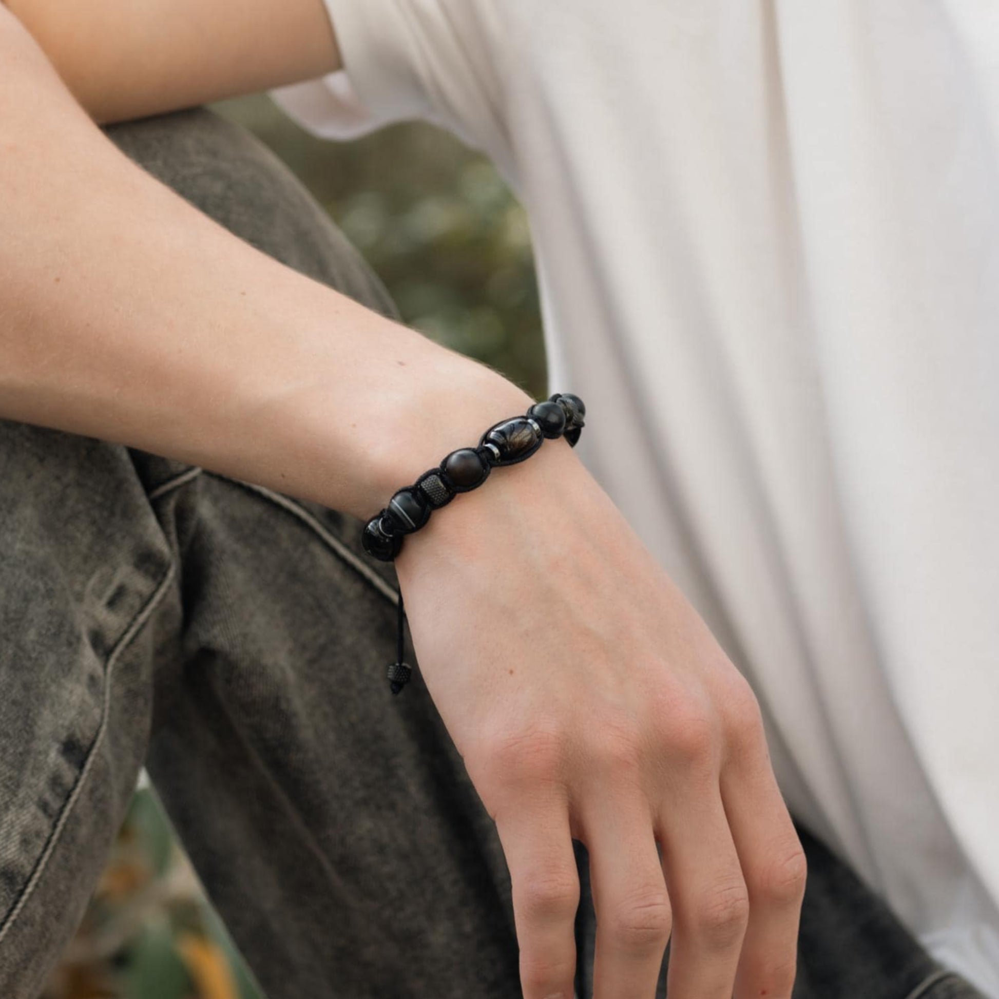 Men's Black Natural Agate Stainless Steel Beaded Gemstone Bracelet, Gift for Men, Braided Adjustable Macrame Bracelet, Gift for Him - Shamballa Bracelet - Mantra Bracelet  -  Yoga Bracelet -  Birthstone Bracelet - Gemstone Bracelet Men - Chakra Bracelet - Macrame Bracelet - Healing Bracelet - Gift for Father - Gift For Men - Valinde