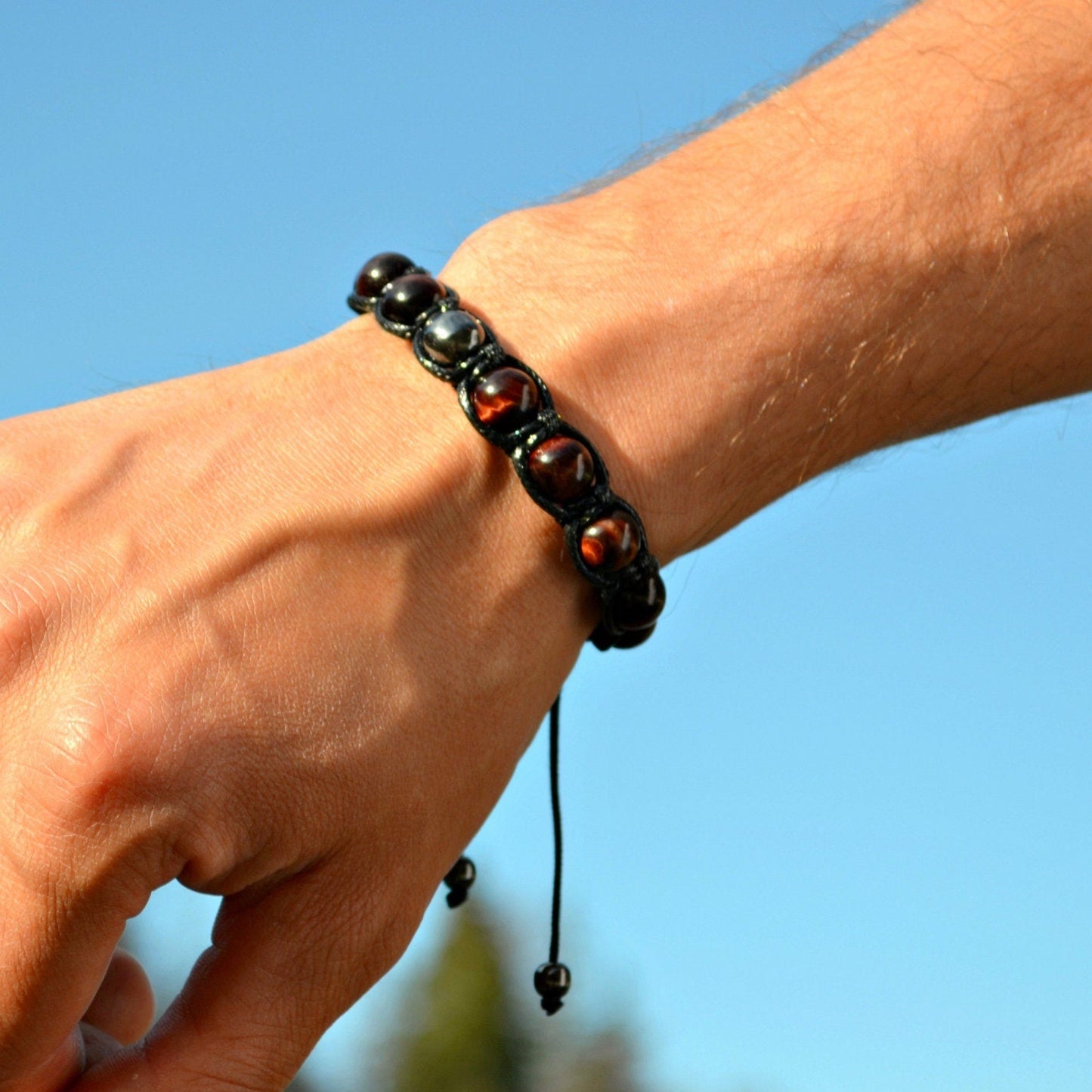 Men's Red Tiger's Eye Gemstone Bracelet Hematite Bead Bracelet Gift for Men Macrame Adjustable Bracelet Stone Bracelet Father's Day Gift - Shamballa Bracelet - Mantra Bracelet - Birthstone Bracelet - Gemstone Bracelet Men - Chakra Bracelet - Macrame Bracelet - Healing Bracelet - Valinde