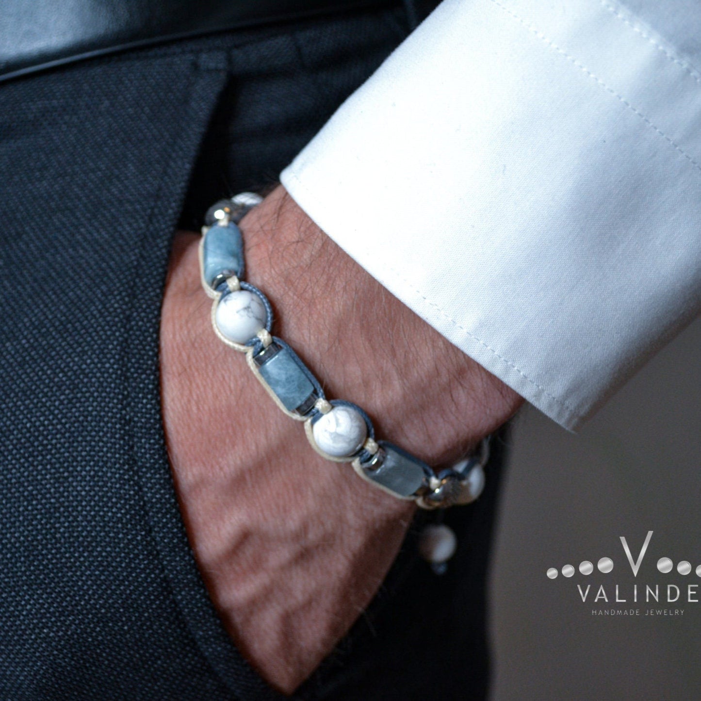 Aquamarine Bracelet Men - Men's Howlite Bracelet - Gift for Men - Crystal Bracelet- Steel Beads Bracelet - Man Adjustable Macrame Bracelet - Shamballa Bracelet - Mantra Bracelet - Birthstone Bracelet - Gemstone Bracelet Men - Chakra Bracelet - Macrame Bracelet - Healing Bracelet - Valinde