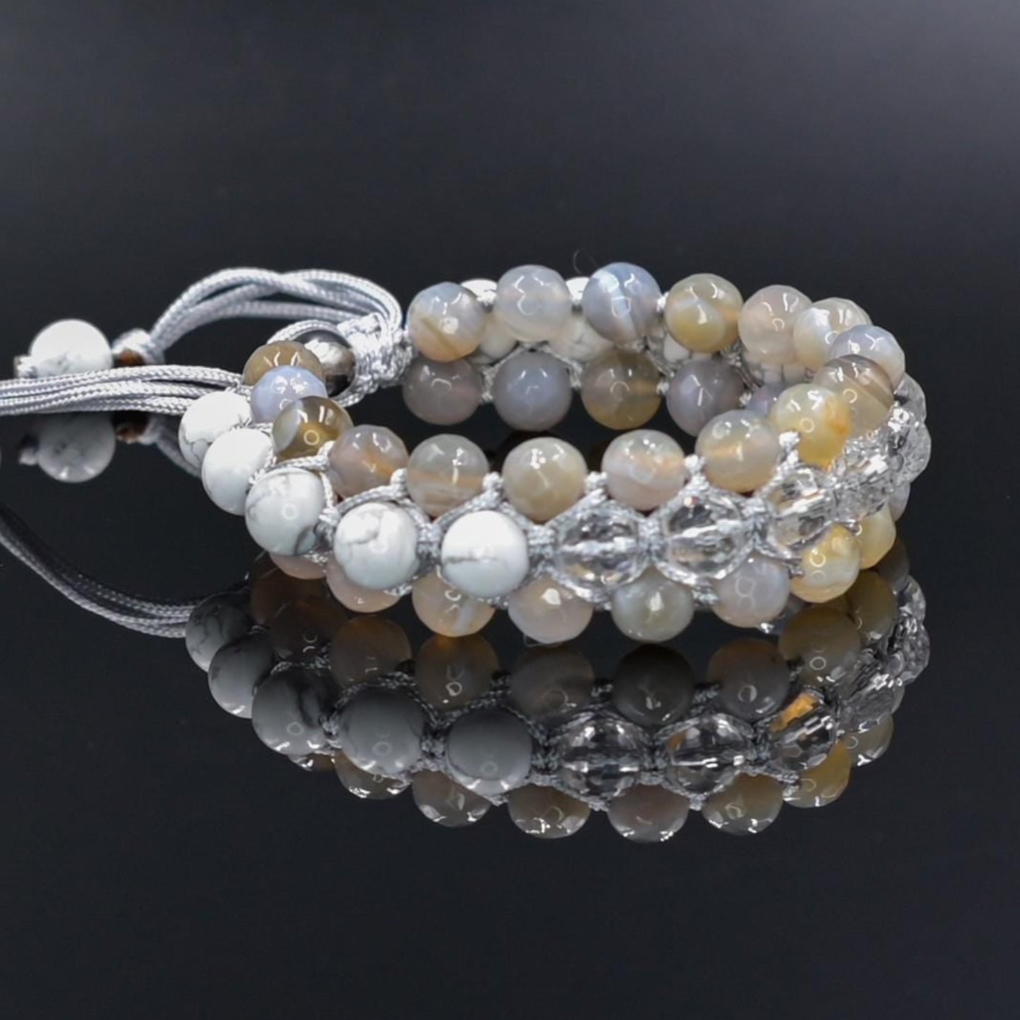 Men's White Howlite 3 Rows Bracelet Grey Agate Triple Bracelet Crystal Bracelet Gift for Men Macrame Stone Bracelet Adjustable Bracelet - Shamballa Bracelet - Gift for Father - Yoga Bracelet - Protection Bracelet - Birthstone Bracelet - Gemstone Bracelet Men - Chakra Bracelet - Macrame Bracelet - Healing Bracelet - Valinde