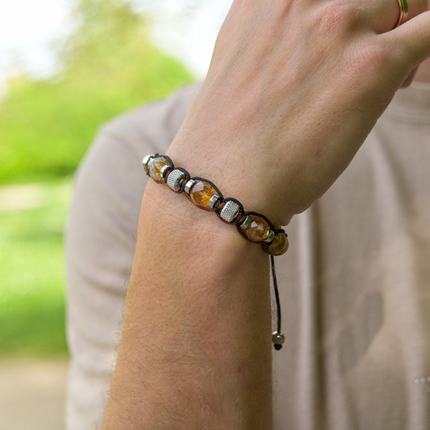 Citrine Jasper Bracelet, Men's Adjustable Stone Beaded Bracelet, Father's Day Gift, Gift for Men, Macrame Braided Bracelet, Steel Bracelet - Shamballa Bracelet - Birthstone Bracelet - Gemstone Bracelet Men - Chakra Bracelet
