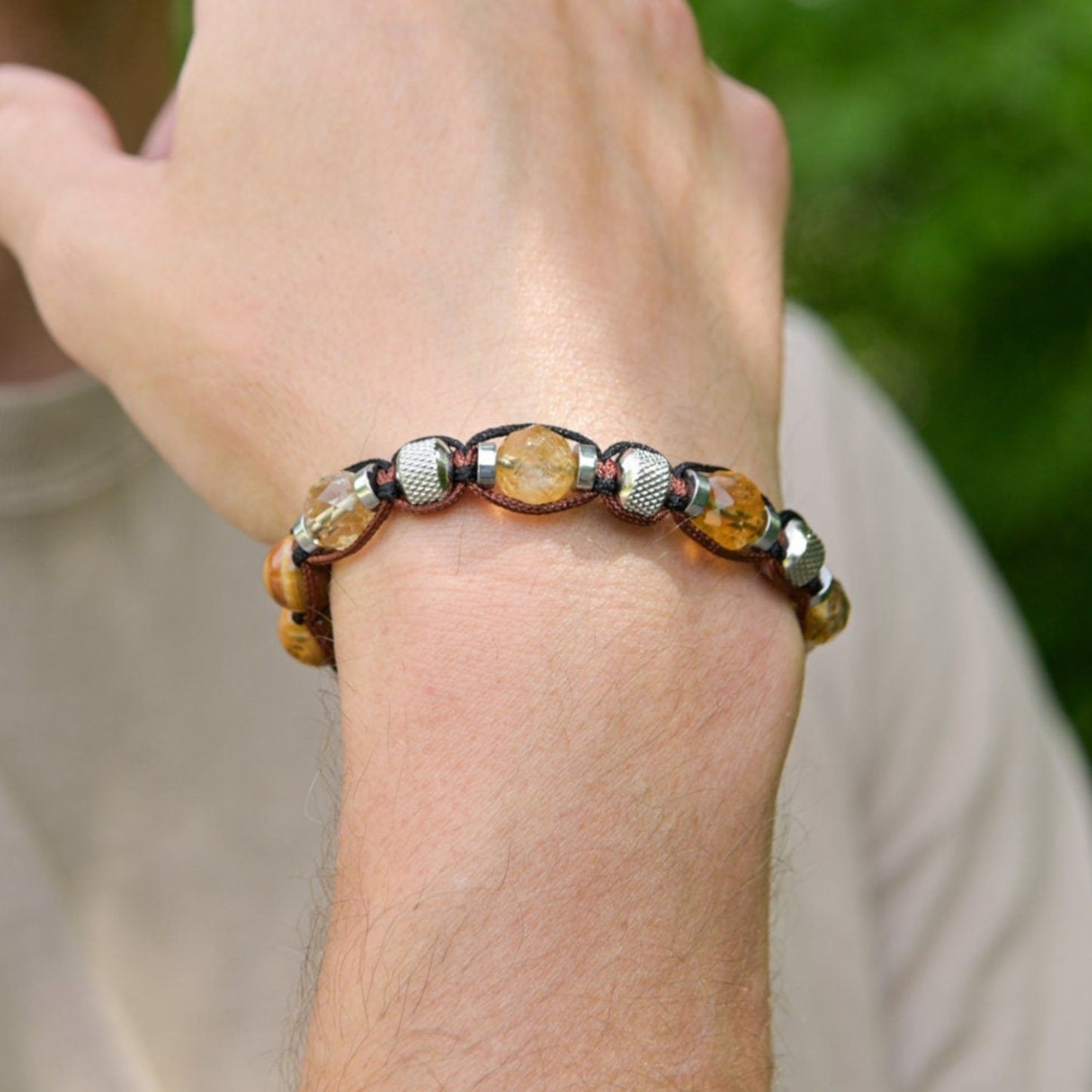Citrine Jasper Bracelet, Men's Adjustable Stone Beaded Bracelet, Father's Day Gift, Gift for Men, Macrame Braided Bracelet, Steel Bracelet - Shamballa Bracelet - Birthstone Bracelet - Gemstone Bracelet Men - Chakra Bracelet