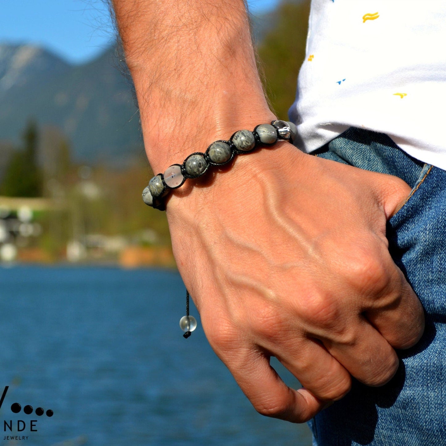 Men's Grey Jasper Bracelet Rock Crystal Bracelet Gift for Men Mantra Bracelet Macrame Stone Bracelet Om Mani Padme Hum Bracelet - Shamballa Bracelet - Mantra Bracelet - Birthstone Bracelet - Gemstone Bracelet Men - Chakra Bracelet - Macrame Bracelet - Healing Bracelet - Valinde