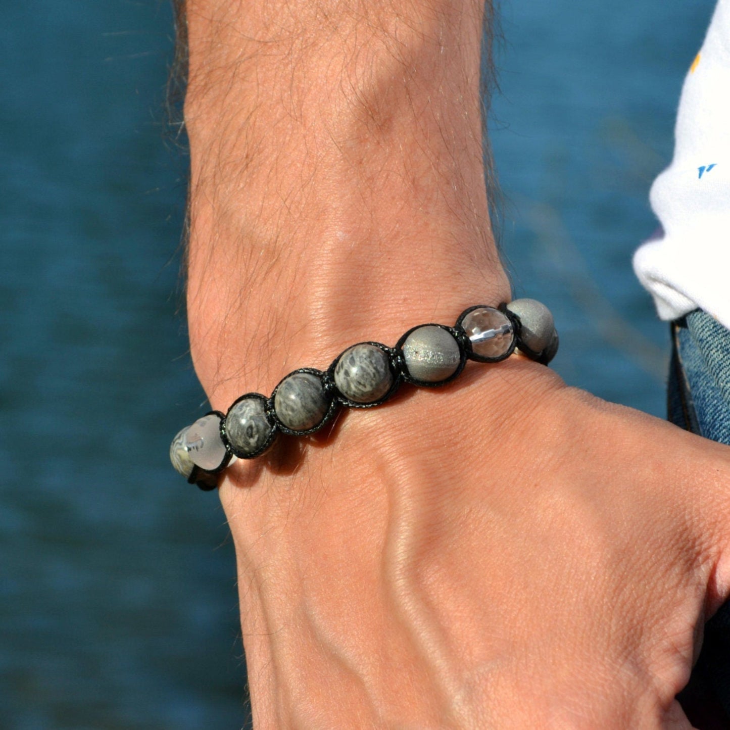 Men's Grey Jasper Bracelet Rock Crystal Bracelet Gift for Men Mantra Bracelet Macrame Stone Bracelet Om Mani Padme Hum Bracelet - Shamballa Bracelet - Mantra Bracelet - Birthstone Bracelet - Gemstone Bracelet Men - Chakra Bracelet - Macrame Bracelet - Healing Bracelet - Valinde