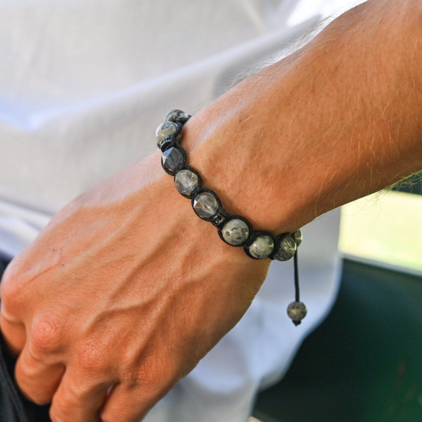 Graues Jaspis Armband, Herren Quarz Perlen Armband, Geschenk für Männer, Weihnachtsgeschenk, Jaspis Stein Armband, Makramee Armband - Shamballa Bracelet - Birthstone Bracelet - Gemstone Bracelet Men - Chakra Bracelet - Macrame Bracelet - Healing Bracelet - Valinde