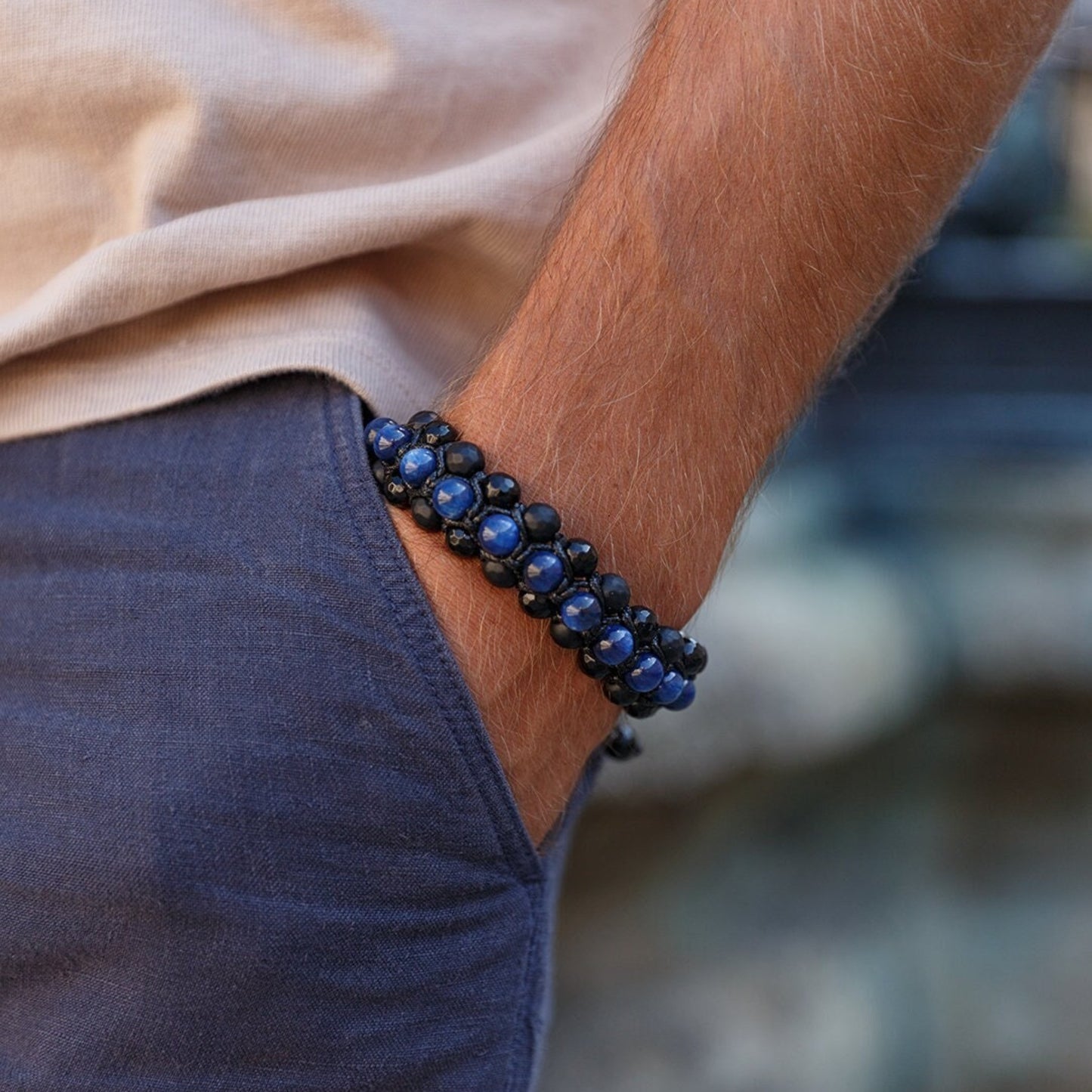 Men's Kyanite Bracelet - Black Onyx Agate Triple Bracelet - 3 Rows Bracelet - Gift for Men - Adjustable Crystal Bracelet - Macrame Bracelet- Shamballa Bracelet - Birthstone Bracelet - Gemstone Bracelet Men - Chakra Bracelet - Macrame Bracelet - Healing Bracelet - Valinde