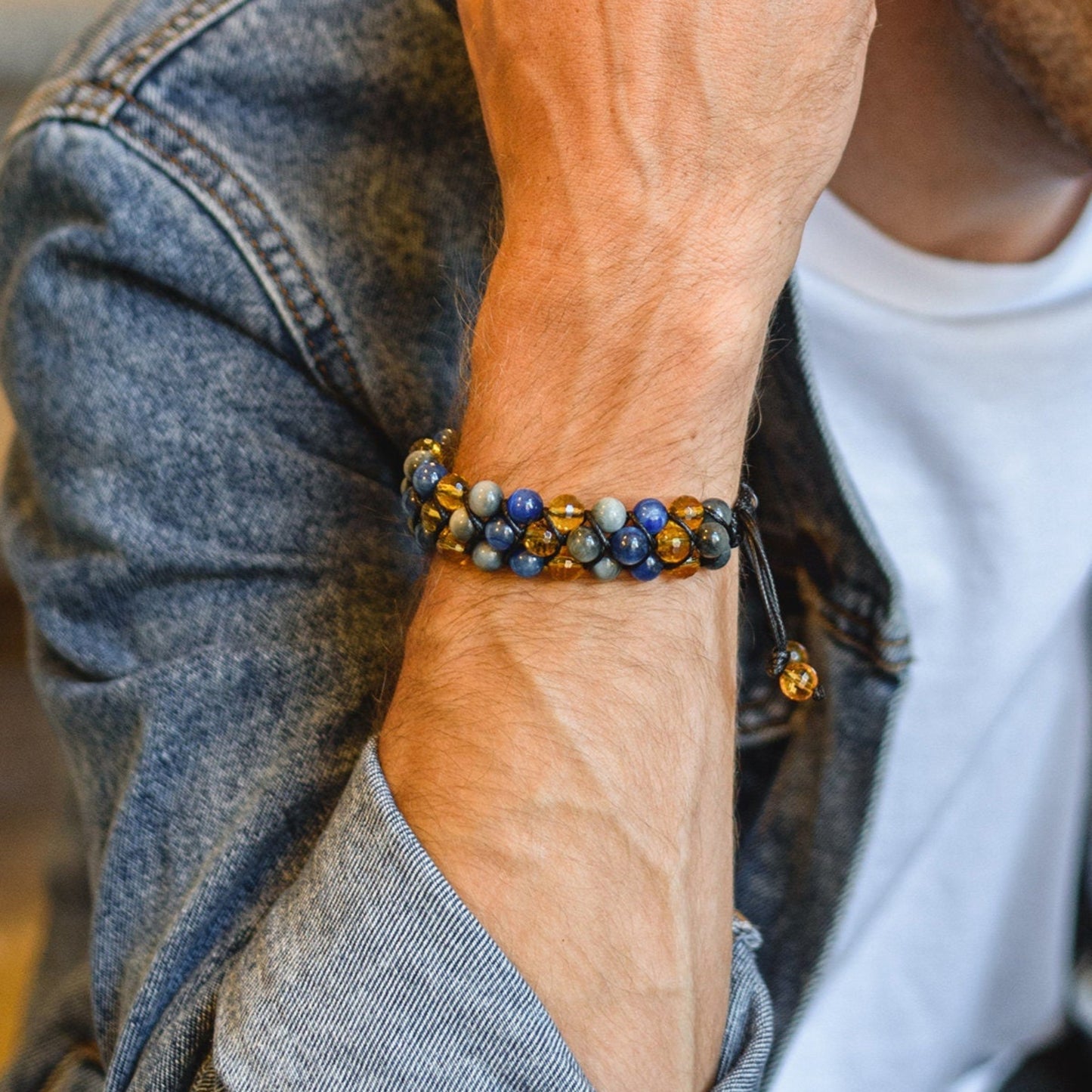 Men's Kyanite Triple Bracelet / Luxury Gemstone Bracelet / 3 Row Bracelet / Citrine Macrame Bracelet / Hawk Eye Bracelet / Gift for Men - Shamballa Bracelet - Birthstone Bracelet - Gemstone Bracelet Men - Chakra Bracelet - Macrame Bracelet - Healing Bracelet - Valinde