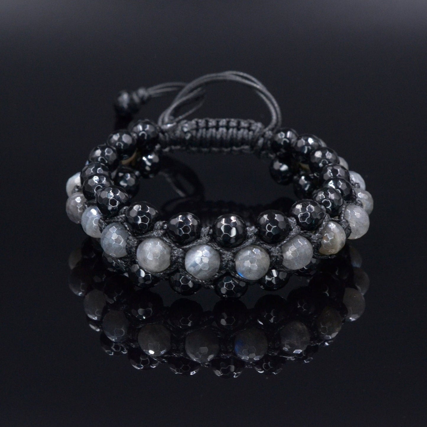 Men's Flash Labradorite Triple Bracelet - Three Row Bracelet Men - Black Agate Bracelet - Gift for Men - Adjustable Macrame Bracelet - Shamballa Bracelet - Birthstone Bracelet - Gemstone Bracelet Men - Chakra Bracelet - Macrame Bracelet - Healing Bracelet