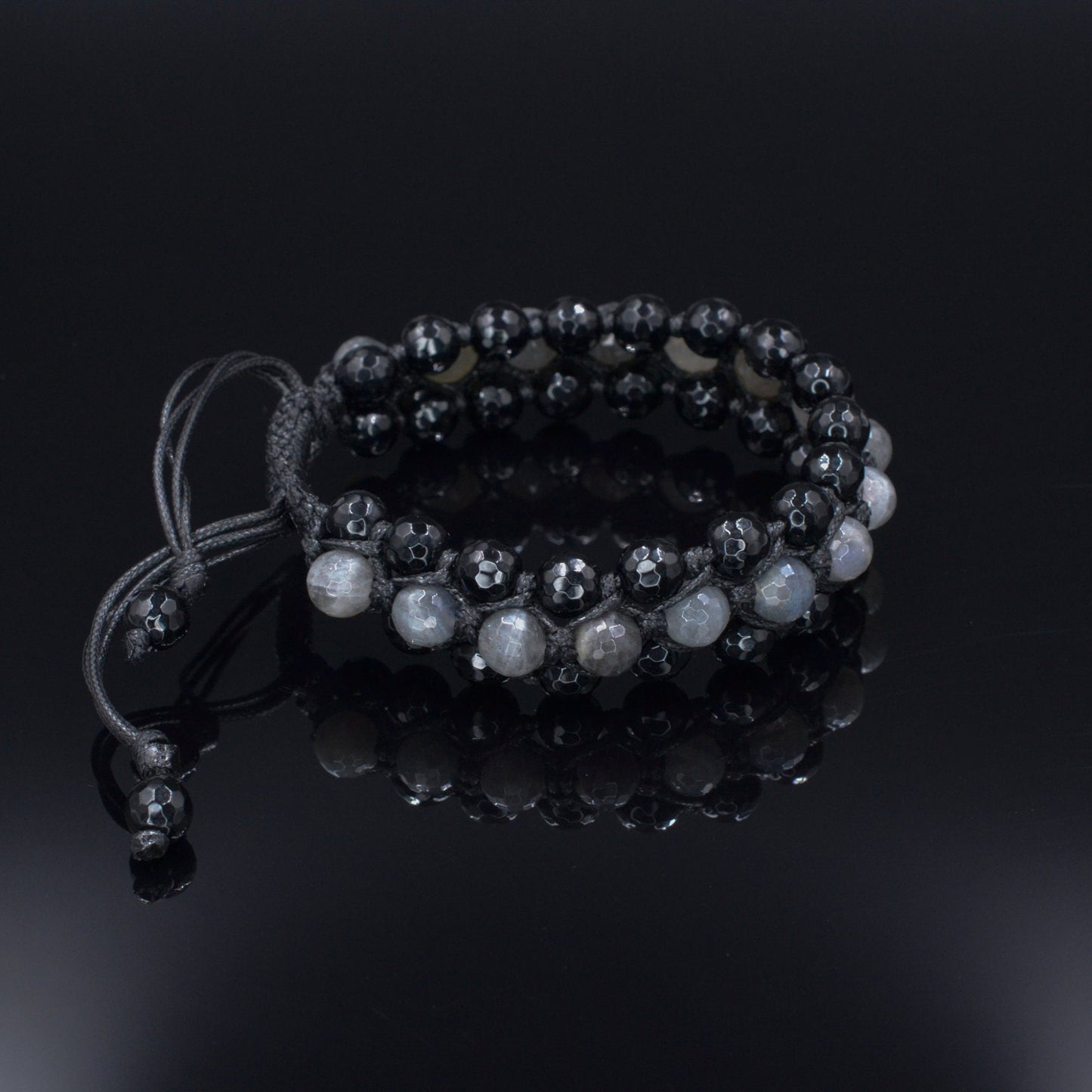 Men's Flash Labradorite Triple Bracelet - Three Row Bracelet Men - Black Agate Bracelet - Gift for Men - Adjustable Macrame Bracelet - Shamballa Bracelet - Birthstone Bracelet - Gemstone Bracelet Men - Chakra Bracelet - Macrame Bracelet - Healing Bracelet