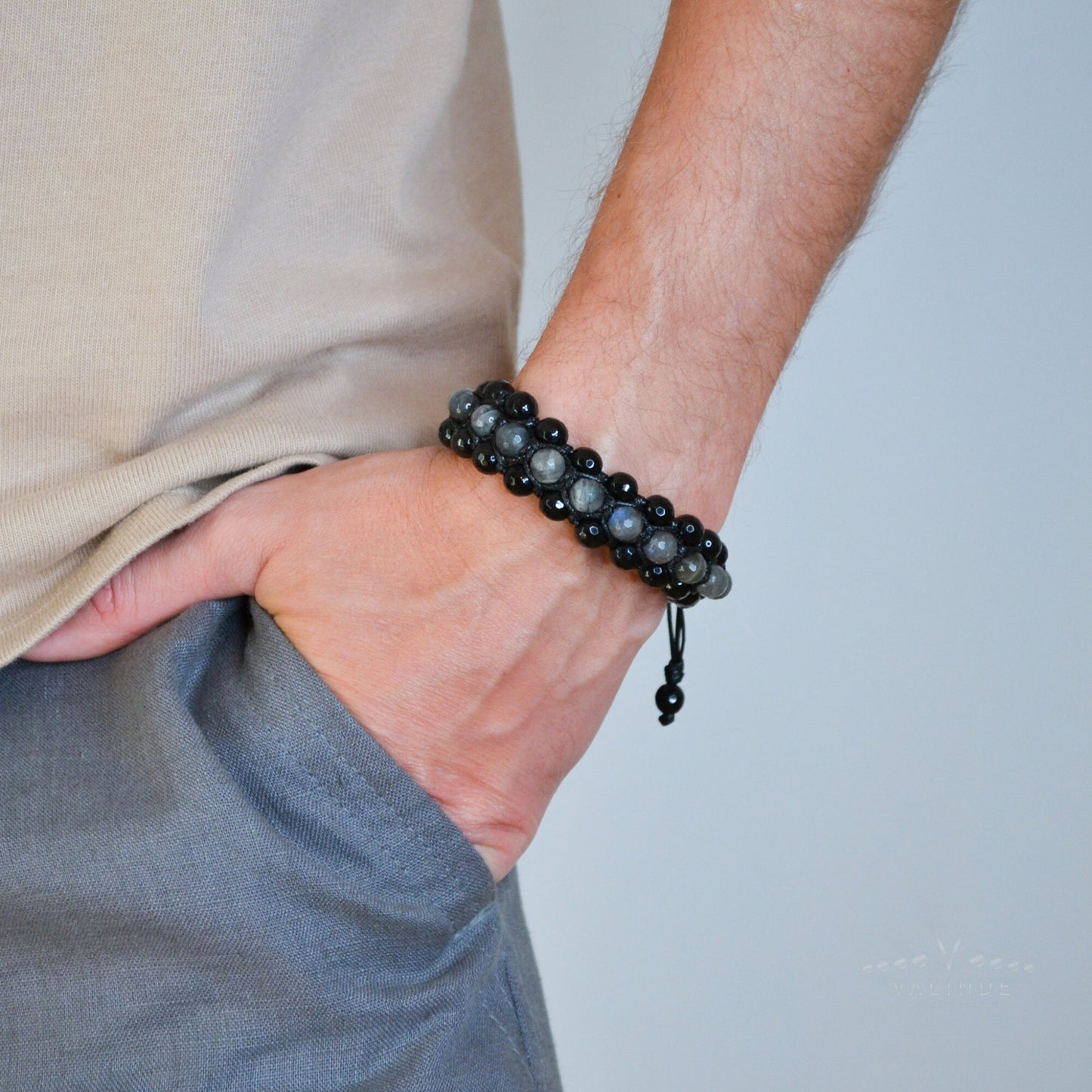 Men's Flash Labradorite Triple Bracelet - Three Row Bracelet Men - Black Agate Bracelet - Gift for Men - Adjustable Macrame Bracelet - Shamballa Bracelet - Birthstone Bracelet - Gemstone Bracelet Men - Chakra Bracelet - Macrame Bracelet - Healing Bracelet