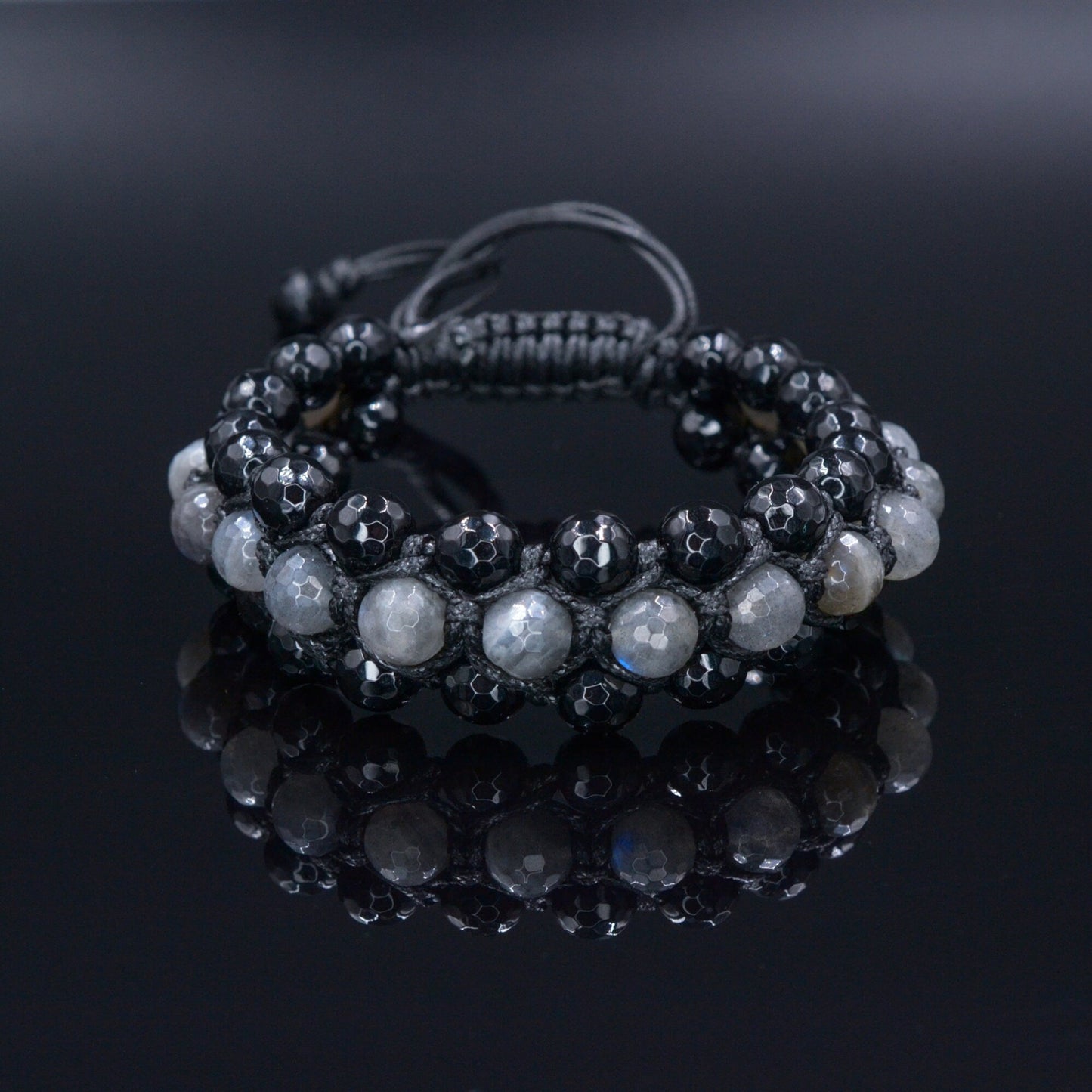 Men's Flash Labradorite Triple Bracelet - Three Row Bracelet Men - Black Agate Bracelet - Gift for Men - Adjustable Macrame Bracelet - Shamballa Bracelet - Birthstone Bracelet - Gemstone Bracelet Men - Chakra Bracelet - Macrame Bracelet - Healing Bracelet