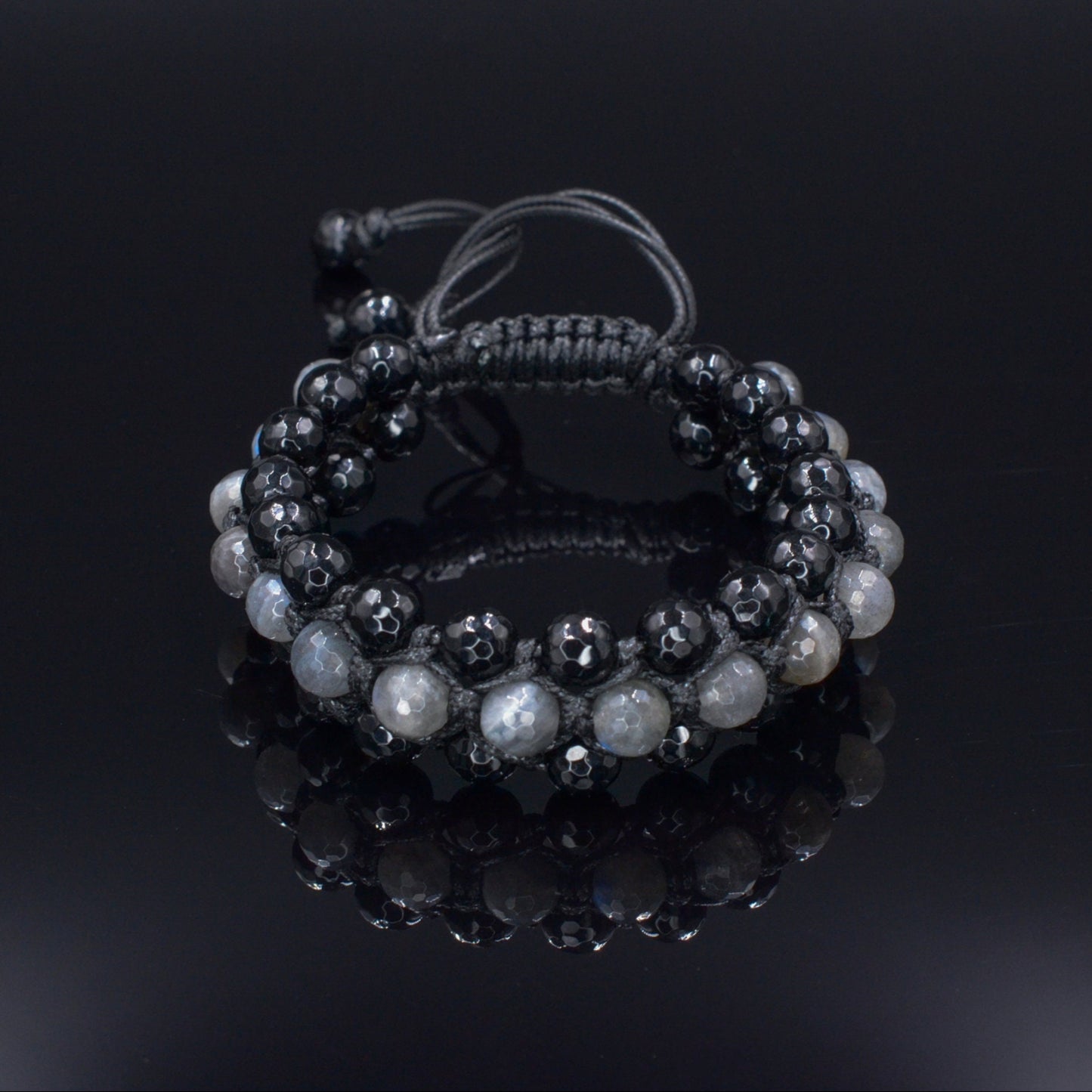 Men's Flash Labradorite Triple Bracelet - Three Row Bracelet Men - Black Agate Bracelet - Gift for Men - Adjustable Macrame Bracelet - Shamballa Bracelet - Birthstone Bracelet - Gemstone Bracelet Men - Chakra Bracelet - Macrame Bracelet - Healing Bracelet