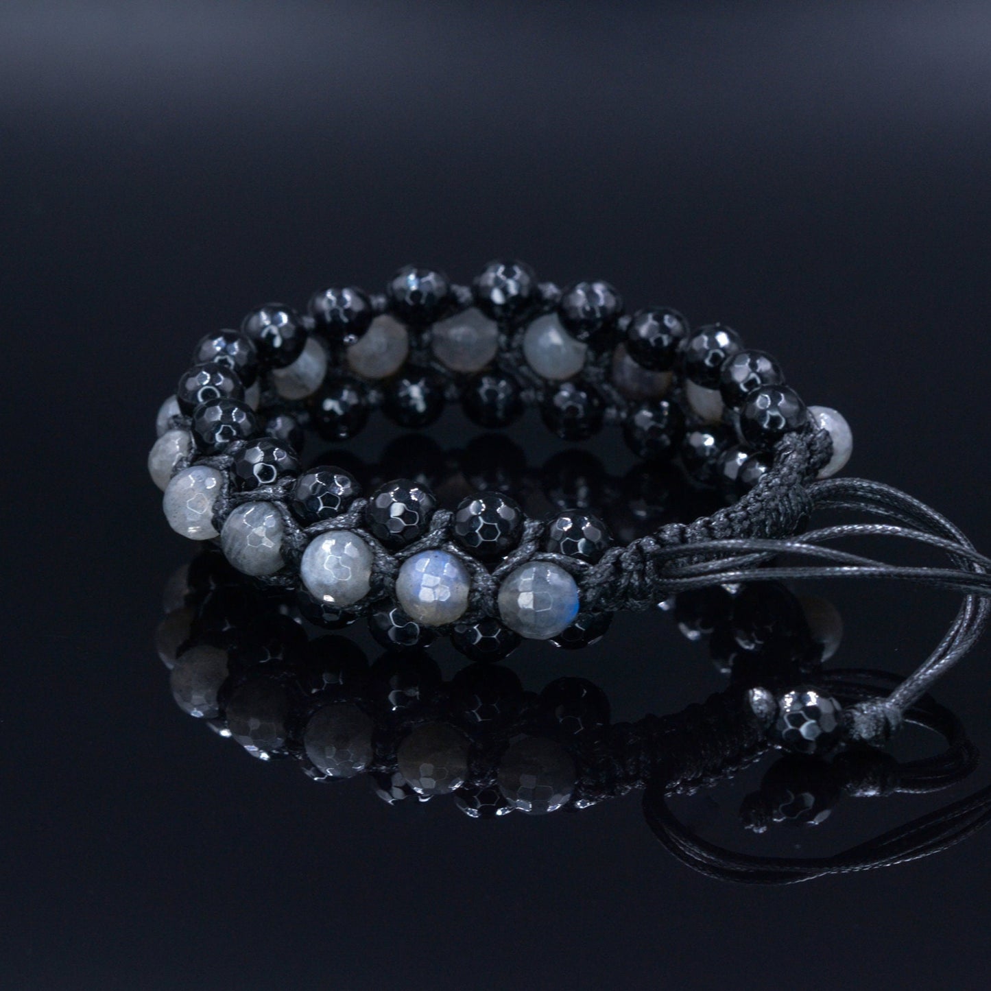 Men's Flash Labradorite Triple Bracelet - Three Row Bracelet Men - Black Agate Bracelet - Gift for Men - Adjustable Macrame Bracelet - Shamballa Bracelet - Birthstone Bracelet - Gemstone Bracelet Men - Chakra Bracelet - Macrame Bracelet - Healing Bracelet