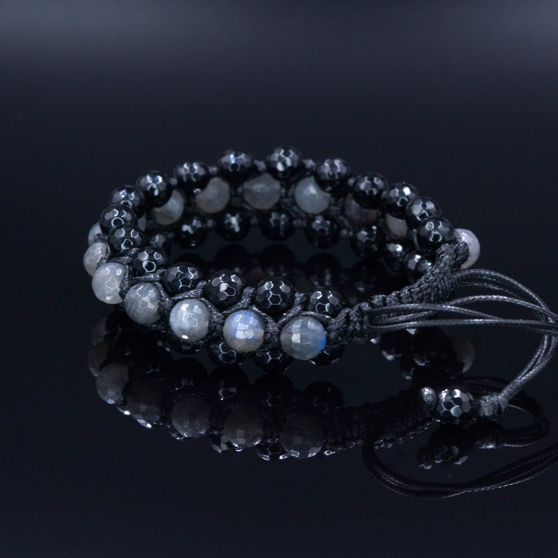 Men's Flash Labradorite Triple Bracelet - Three Row Bracelet Men - Black Agate Bracelet - Gift for Men - Adjustable Macrame Bracelet - Shamballa Bracelet - Birthstone Bracelet - Gemstone Bracelet Men - Chakra Bracelet - Macrame Bracelet - Healing Bracelet