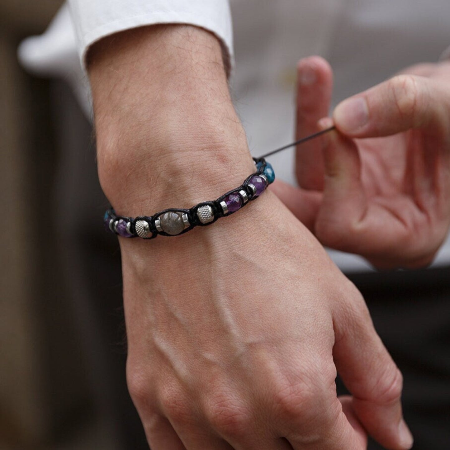Men's Amethyst Apatite Crystal Bracelet, Labradorite Steel Beaded Bracelet, Gift for Men, Adjustable Macrame Braided Bracelet, Men's Gift - Shamballa Bracelet - Mantra Bracelet - Birthstone Bracelet - Gemstone Bracelet Men - Chakra Bracelet - Macrame Bracelet - Healing Bracelet - Valinde