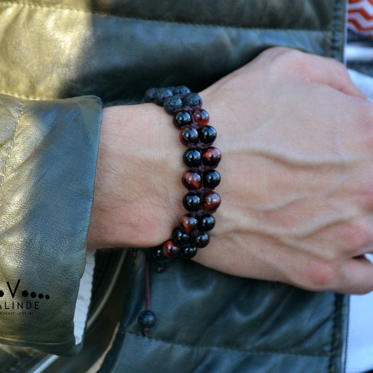 Men's Lava Stone Double Bracelet Black Agate Bracelet Red Tiger's Eye Bracelet Stone Adjustable Bracelet Gift for Men Macrame Bracelet - Shamballa Bracelet - Mantra Bracelet - Yoga Bracelet - Birthstone Bracelet - Gemstone Bracelet Men - Chakra Bracelet - Macrame Bracelet - Healing Bracelet - Gift for Father - Gift For Men - Valinde