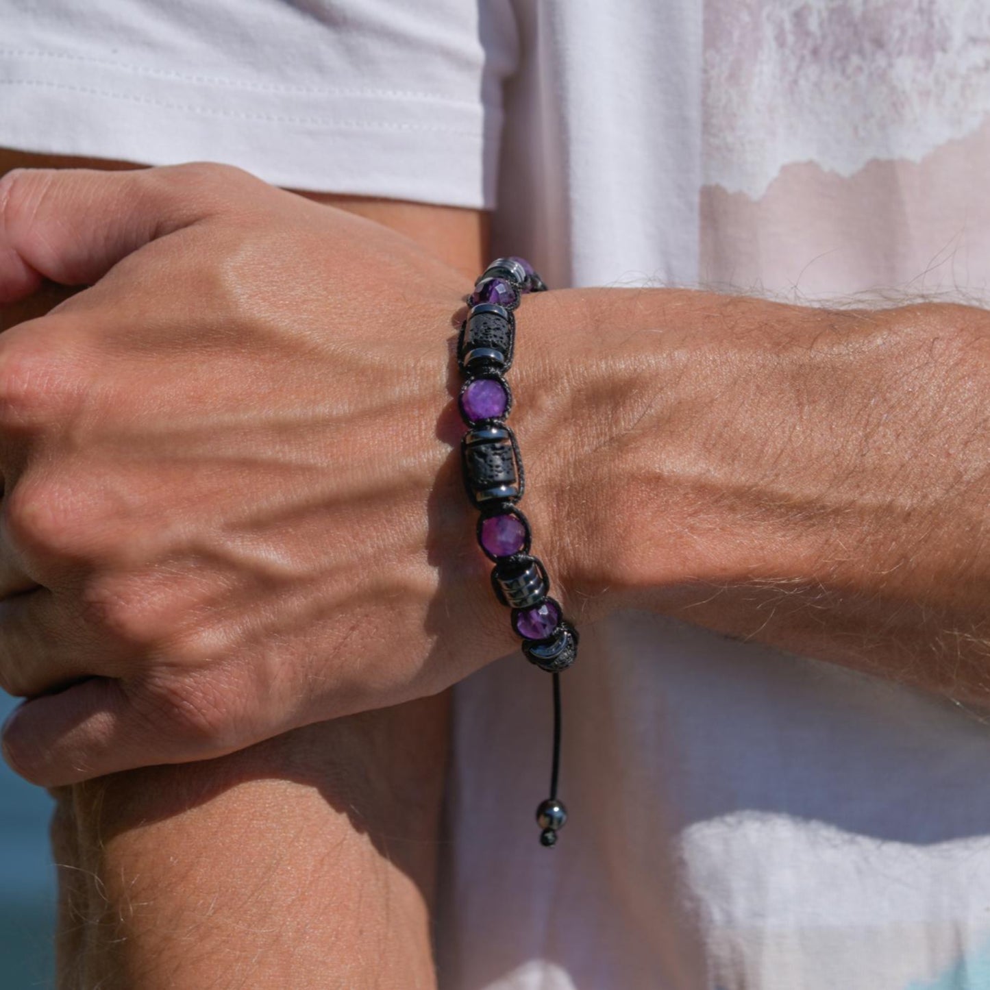 Men's Amethyst Black Lava Stone Braided Bracelet, Purple Beads Bracelet, Gift for Him, Adjustable Macrame Bracelet, Hematite Bracelet - Shamballa Bracelet - Mantra Bracelet - Yoga Bracelet - Birthstone Bracelet - Gemstone Bracelet Men - Chakra Bracelet - Macrame Bracelet - Healing Bracelet - Gift for Father - Gift For Men - Valinde